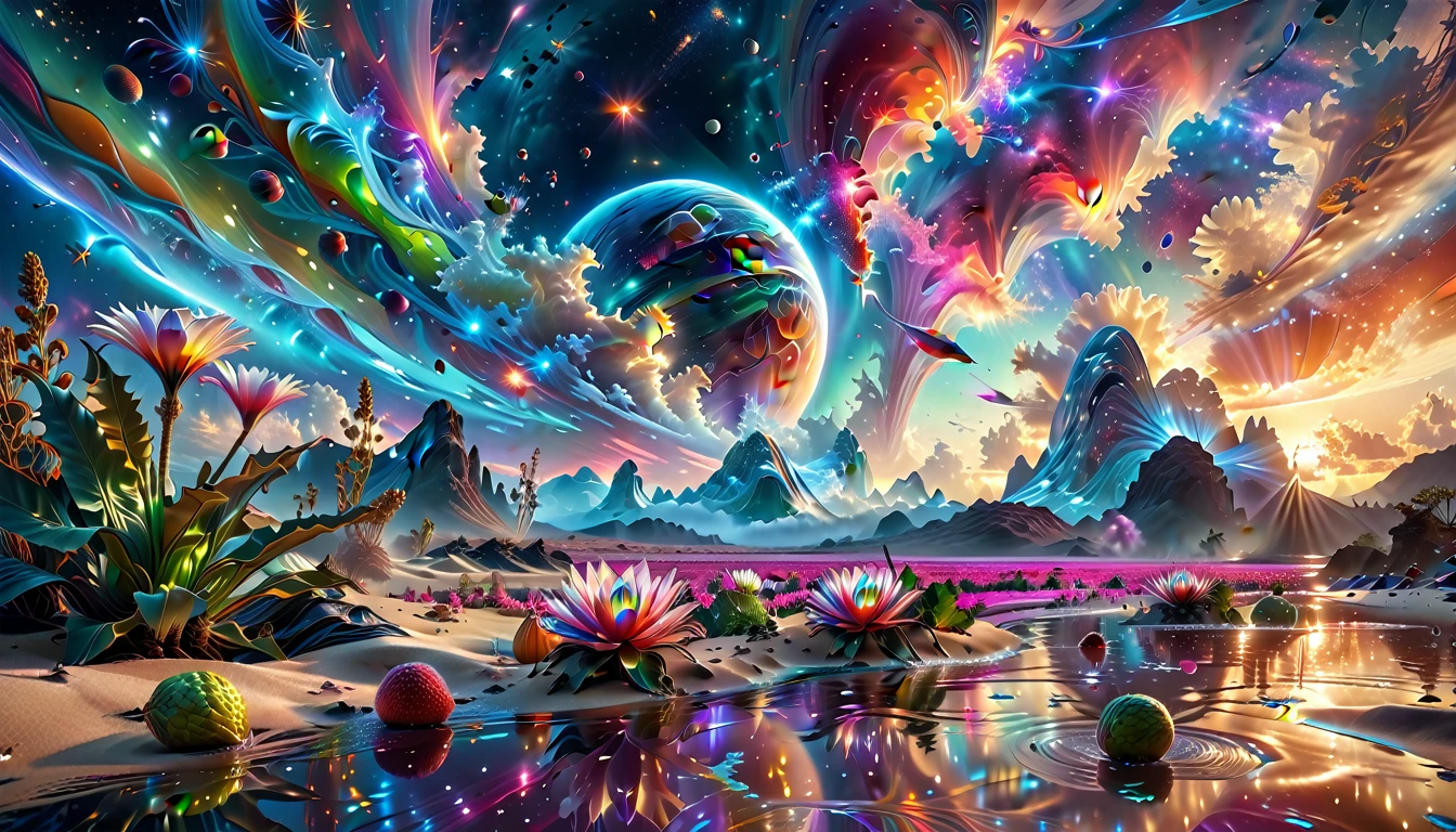 A Masterpiece In 32K Resolution, Supreme Quality, Super Detail, Official Art, Very High-Resolution 32K Wallpaper, Beautiful And Aesthetic, Ultra-Detailed Features, Awe-Inspiring Detail. A Breathtaking, Surreal Alien Landscape That Embodies The Wonders Of Interstellar Travel, With A Magnificent, Star-Filled Sky Stretching Across A Vibrant, Colorful Horizon. Strange, Exotic Alien Flowers Of All Shapes And Sizes Bloom Throughout The Scene, Surrounded By An Array Of Luscious, Otherworldly Fruits. The Image Is Rendered In Stunning 4K Or 8K Resolution, Capturing Every Intricate Detail With Perfection. The Scene Is Both Hyper-Realistic And Visually Immersive, Blending Advanced Illustration Techniques With 3D Rendering To Create A Masterpiece Of Craftsmanship. The Vivid Colors Enhance The Surreal Atmosphere, While The Meticulously Designed Lighting Captures Intricate Shifts In Light And Shadow, Adding Layers Of Depth And Richness To The Scene. Every Detail Is Presented With Unparalleled Clarity, Drawing The Viewer Into A Magical, Awe-Inspiring Realm. This Work Stirs Curiosity And Wonder, Inviting The Audience To Experience The Extraordinary Beauty Of Nature In An Entirely New Dimension.