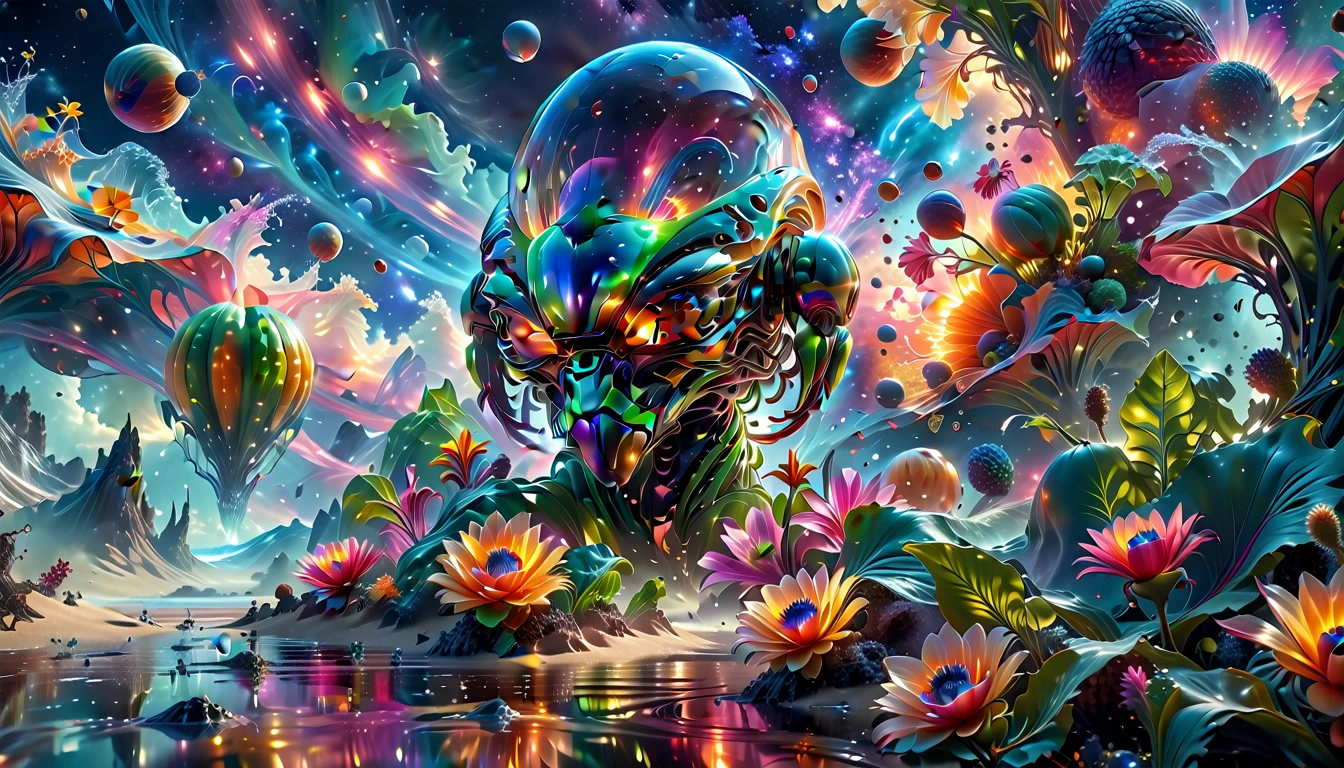 A Masterpiece In 32K Resolution, Supreme Quality, Super Detail, Official Art, Very High-Resolution 32K Wallpaper, Beautiful And Aesthetic, Ultra-Detailed Features, Awe-Inspiring Detail. A Breathtaking, Surreal Alien Landscape That Embodies The Wonders Of Interstellar Travel, With A Magnificent, Star-Filled Sky Stretching Across A Vibrant, Colorful Horizon. Strange, Exotic Alien Flowers Of All Shapes And Sizes Bloom Throughout The Scene, Surrounded By An Array Of Luscious, Otherworldly Fruits. The Image Is Rendered In Stunning 4K Or 8K Resolution, Capturing Every Intricate Detail With Perfection. The Scene Is Both Hyper-Realistic And Visually Immersive, Blending Advanced Illustration Techniques With 3D Rendering To Create A Masterpiece Of Craftsmanship. The Vivid Colors Enhance The Surreal Atmosphere, While The Meticulously Designed Lighting Captures Intricate Shifts In Light And Shadow, Adding Layers Of Depth And Richness To The Scene. Every Detail Is Presented With Unparalleled Clarity, Drawing The Viewer Into A Magical, Awe-Inspiring Realm. This Work Stirs Curiosity And Wonder, Inviting The Audience To Experience The Extraordinary Beauty Of Nature In An Entirely New Dimension.