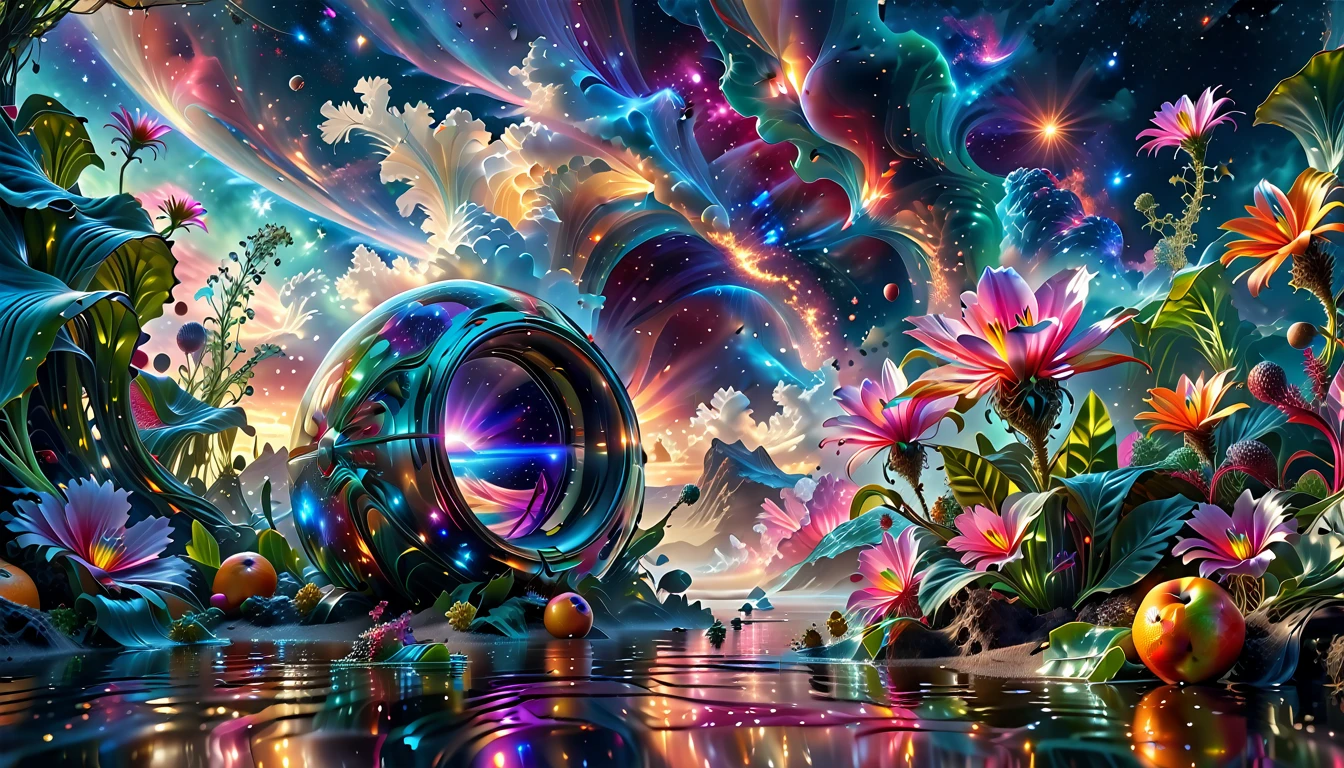 A Masterpiece In 32K Resolution, Supreme Quality, Super Detail, Official Art, Very High-Resolution 32K Wallpaper, Beautiful And Aesthetic, Ultra-Detailed Features, Awe-Inspiring Detail. A Breathtaking, Surreal Alien Landscape That Embodies The Wonders Of Interstellar Travel, With A Magnificent, Star-Filled Sky Stretching Across A Vibrant, Colorful Horizon. Strange, Exotic Alien Flowers Of All Shapes And Sizes Bloom Throughout The Scene, Surrounded By An Array Of Luscious, Otherworldly Fruits. The Image Is Rendered In Stunning 4K Or 8K Resolution, Capturing Every Intricate Detail With Perfection. The Scene Is Both Hyper-Realistic And Visually Immersive, Blending Advanced Illustration Techniques With 3D Rendering To Create A Masterpiece Of Craftsmanship. The Vivid Colors Enhance The Surreal Atmosphere, While The Meticulously Designed Lighting Captures Intricate Shifts In Light And Shadow, Adding Layers Of Depth And Richness To The Scene. Every Detail Is Presented With Unparalleled Clarity, Drawing The Viewer Into A Magical, Awe-Inspiring Realm. This Work Stirs Curiosity And Wonder, Inviting The Audience To Experience The Extraordinary Beauty Of Nature In An Entirely New Dimension.