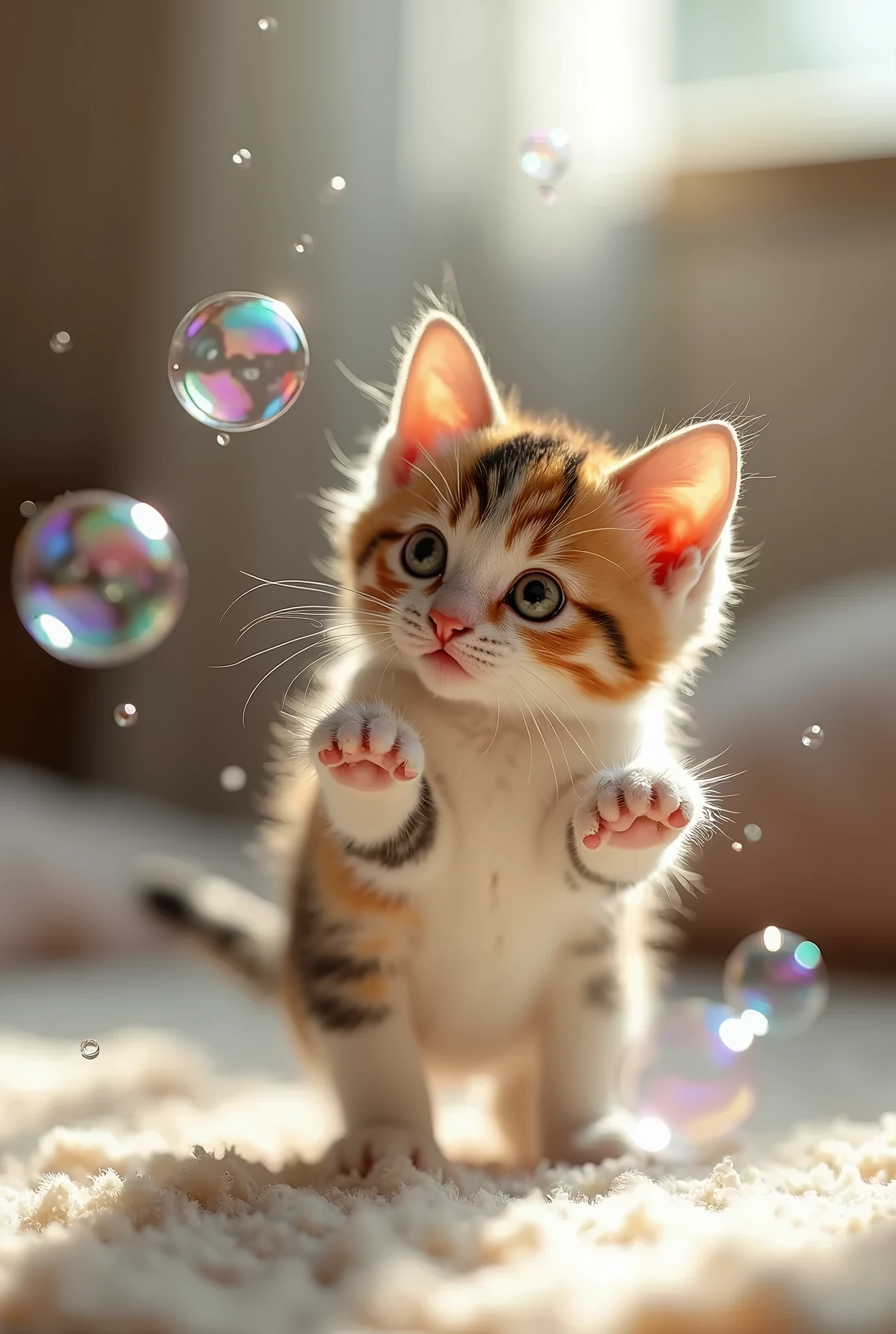 Calico kitten playing with soap bubbles