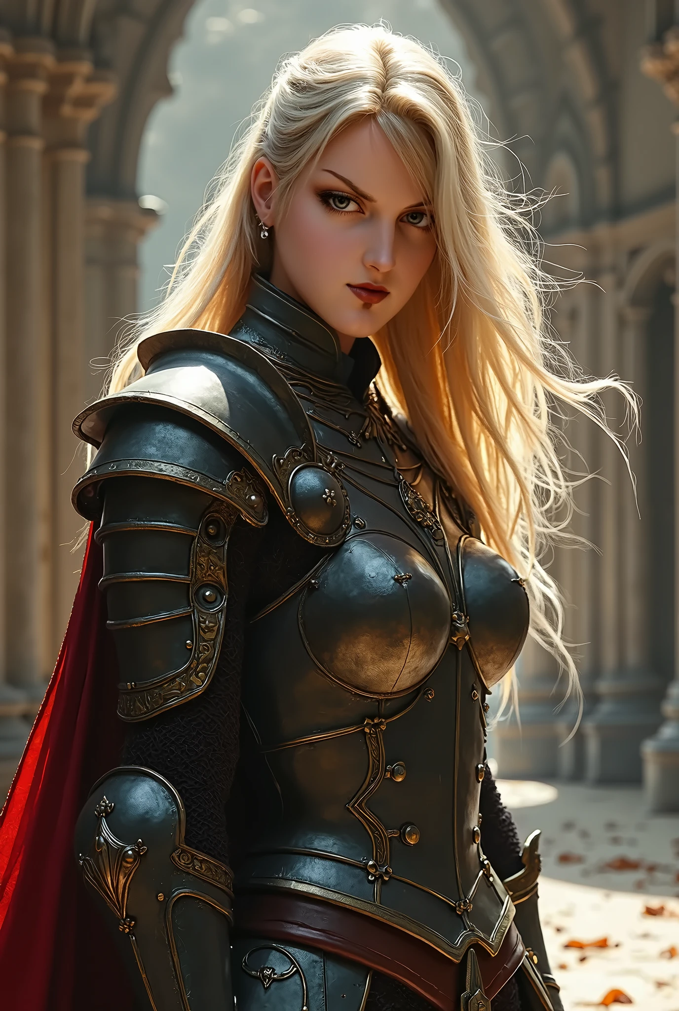 Blond woman in armor with red cape posing for a picture - SeaArt AI