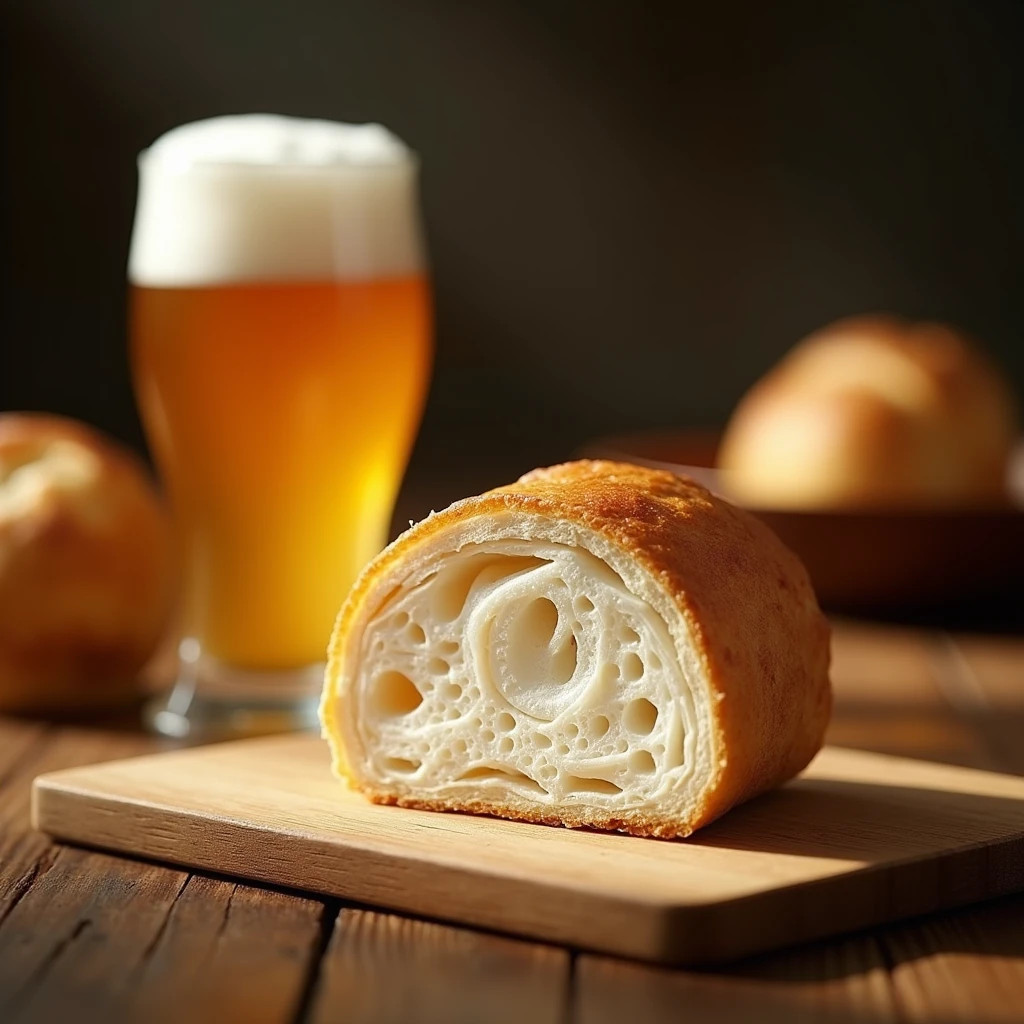 A beautiful cross-section of a Japanese pastry bread、Fluffy white interior with lots of air holes、Glass of foamy beer、(Best Quality、8k、High resolution、masterpiece:1.2)、Super detailed、(Real、Photorealistic、Photorealistic:1.37)、Food Photography、Detailed food texture、Intricate pastry details、Warm lighting、Moody atmosphere、Shallow depth of field、Golden Hour Lighting、Warm tones、Natural lighting、