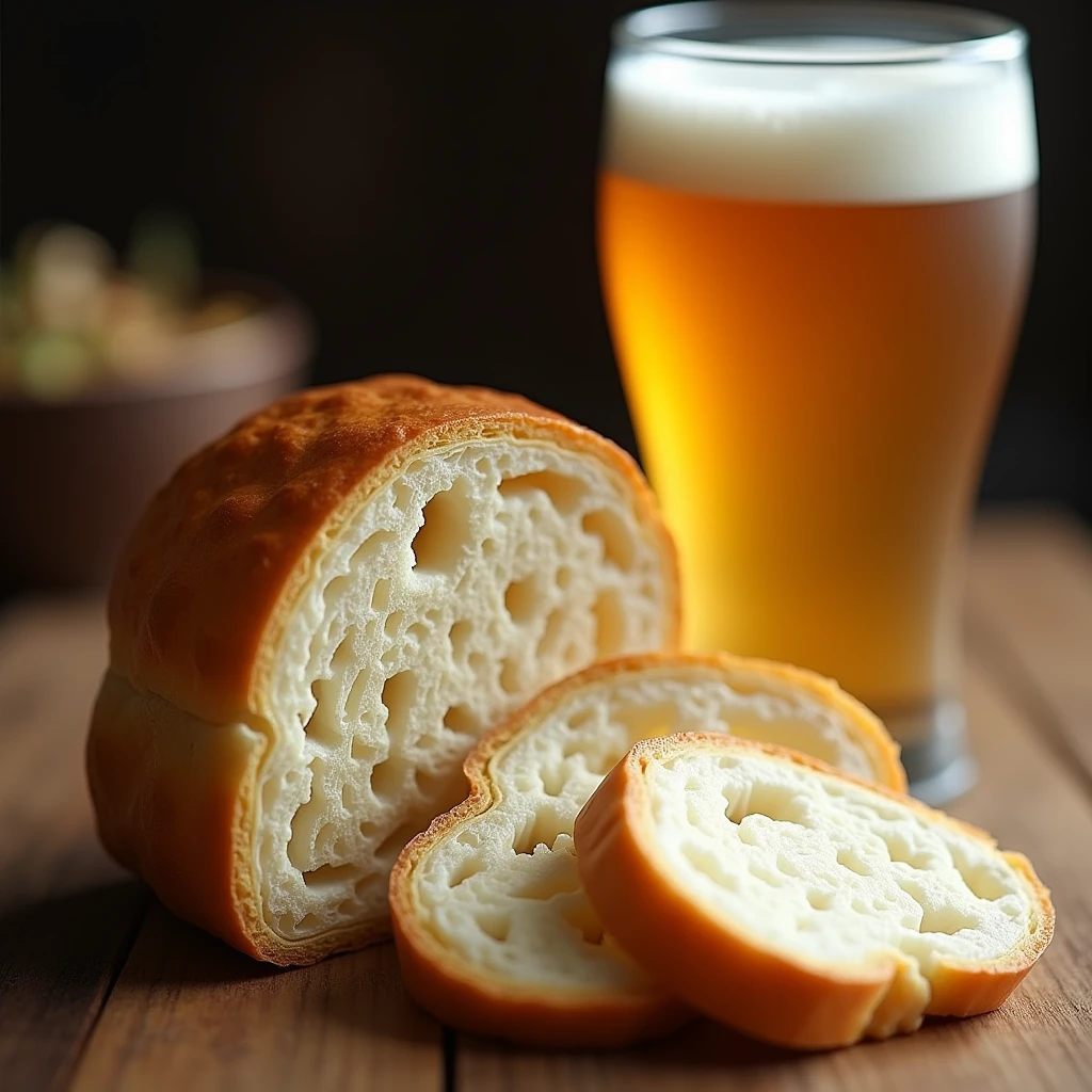 A beautiful cross-section of a Japanese pastry bread、Fluffy white interior with lots of air holes、Glass of foamy beer、(Best Quality、8k、High resolution、masterpiece:1.2)、Super detailed、(Real、Photorealistic、Photorealistic:1.37)、Food Photography、Detailed food texture、Intricate pastry details、Warm lighting、Moody atmosphere、Shallow depth of field、Golden Hour Lighting、Warm tones、Natural lighting、