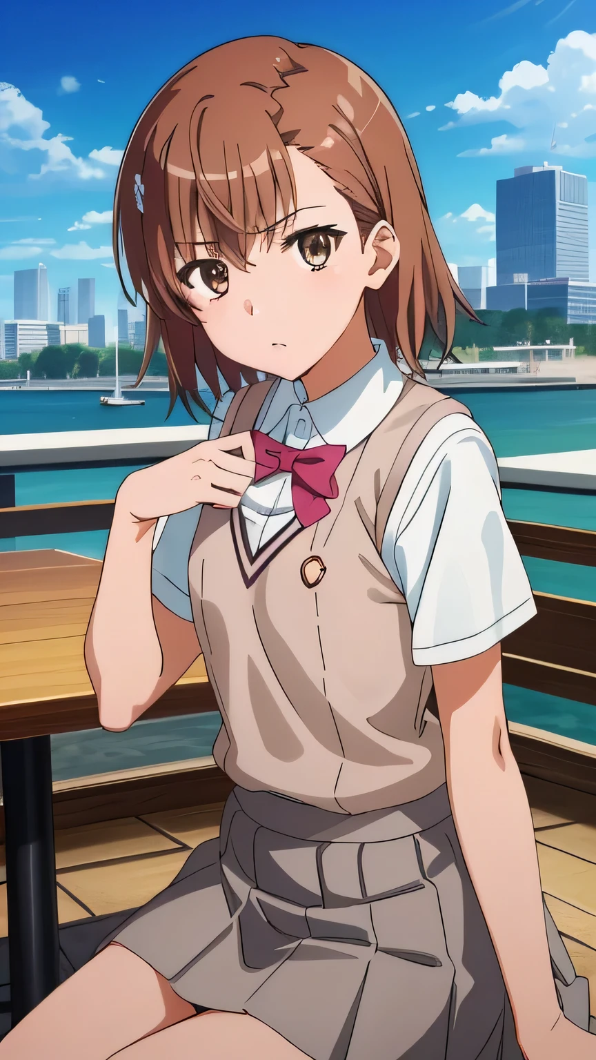 (masterpiece, Best Quality, High resolution, 8k:1.2), (Anime Coloring Book:1.2), Very detailed, beautiful eyes, Perfect Eyes, beautiful目, Brown eyes, Key highlights, detailed face, Very detailed, beautiful目, Symmetrical eyes, One Girl, Alone, Misaka Mikoto, Brown Hair, short hair, hairpin, (small Chest), (Tokiwadai Academy uniform, city, blue sky, 笑face), Looking at the audience, It is in the center of the image, (beautiful_Chest:1.1), (beautiful_face:1.2), (beautiful_Waist:1.2), Cowboy Shot, Dutch Angle,Pull up your skirt、White panties、Grey Skirt, One girl, Looking at the audienceいる, Alone, One girl, Mikoto rose., tokiwadai, Wear a white collared shirt, Wear a brown vest, bow,,table, Sitting 、Breast Exposure、Nipple exposure
