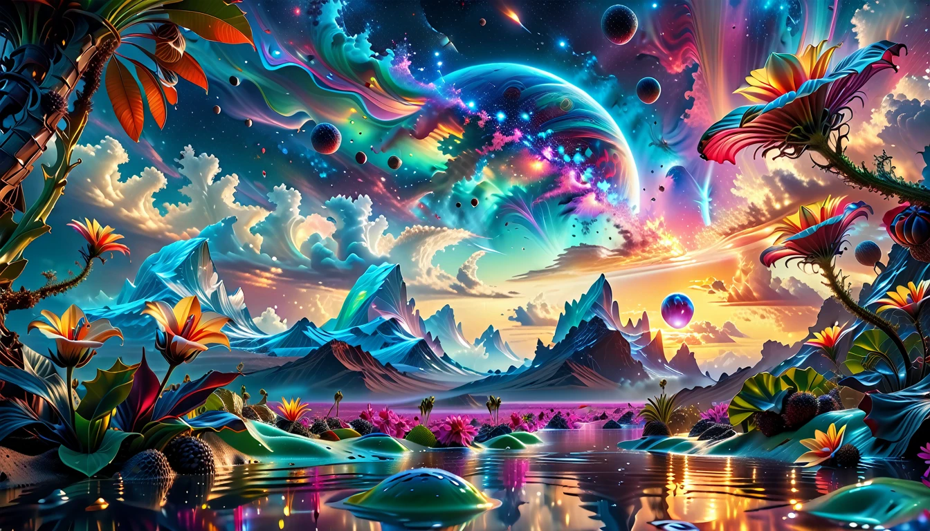 A Masterpiece In 32K Resolution, Supreme Quality, Super Detail, Official Art, Very High-Resolution 32K Wallpaper, Beautiful And Aesthetic, Ultra-Detailed Features, Awe-Inspiring Detail. A Breathtaking, Surreal Alien Landscape That Embodies The Wonders Of Interstellar Travel, With A Magnificent, Star-Filled Sky Stretching Across A Vibrant, Colorful Horizon. Strange, Exotic Alien Flowers Of All Shapes And Sizes Bloom Throughout The Scene, Surrounded By An Array Of Luscious, Otherworldly Fruits. The Image Is Rendered In Stunning 4K Or 8K Resolution, Capturing Every Intricate Detail With Perfection. The Scene Is Both Hyper-Realistic And Visually Immersive, Blending Advanced Illustration Techniques With 3D Rendering To Create A Masterpiece Of Craftsmanship. The Vivid Colors Enhance The Surreal Atmosphere, While The Meticulously Designed Lighting Captures Intricate Shifts In Light And Shadow, Adding Layers Of Depth And Richness To The Scene. Every Detail Is Presented With Unparalleled Clarity, Drawing The Viewer Into A Magical, Awe-Inspiring Realm. This Work Stirs Curiosity And Wonder, Inviting The Audience To Experience The Extraordinary Beauty Of Nature In An Entirely New Dimension.