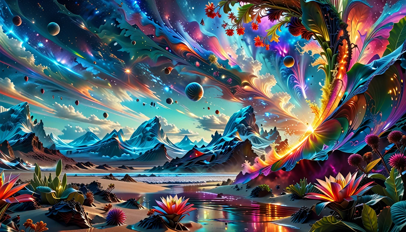 A Masterpiece In 32K Resolution, Supreme Quality, Super Detail, Official Art, Very High-Resolution 32K Wallpaper, Beautiful And Aesthetic, Ultra-Detailed Features, Awe-Inspiring Detail. A Breathtaking, Surreal Alien Landscape That Embodies The Wonders Of Interstellar Travel, With A Magnificent, Star-Filled Sky Stretching Across A Vibrant, Colorful Horizon. Strange, Exotic Alien Flowers Of All Shapes And Sizes Bloom Throughout The Scene, Surrounded By An Array Of Luscious, Otherworldly Fruits. The Image Is Rendered In Stunning 4K Or 8K Resolution, Capturing Every Intricate Detail With Perfection. The Scene Is Both Hyper-Realistic And Visually Immersive, Blending Advanced Illustration Techniques With 3D Rendering To Create A Masterpiece Of Craftsmanship. The Vivid Colors Enhance The Surreal Atmosphere, While The Meticulously Designed Lighting Captures Intricate Shifts In Light And Shadow, Adding Layers Of Depth And Richness To The Scene. Every Detail Is Presented With Unparalleled Clarity, Drawing The Viewer Into A Magical, Awe-Inspiring Realm. This Work Stirs Curiosity And Wonder, Inviting The Audience To Experience The Extraordinary Beauty Of Nature In An Entirely New Dimension.