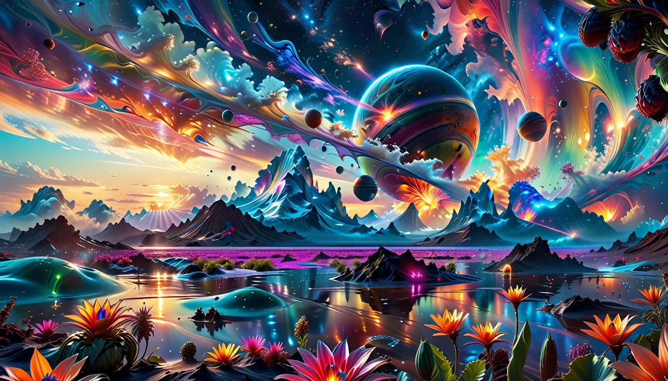 A Masterpiece In 32K Resolution, Supreme Quality, Super Detail, Official Art, Very High-Resolution 32K Wallpaper, Beautiful And Aesthetic, Ultra-Detailed Features, Awe-Inspiring Detail. A Breathtaking, Surreal Alien Landscape That Embodies The Wonders Of Interstellar Travel, With A Magnificent, Star-Filled Sky Stretching Across A Vibrant, Colorful Horizon. Strange, Exotic Alien Flowers Of All Shapes And Sizes Bloom Throughout The Scene, Surrounded By An Array Of Luscious, Otherworldly Fruits. The Image Is Rendered In Stunning 4K Or 8K Resolution, Capturing Every Intricate Detail With Perfection. The Scene Is Both Hyper-Realistic And Visually Immersive, Blending Advanced Illustration Techniques With 3D Rendering To Create A Masterpiece Of Craftsmanship. The Vivid Colors Enhance The Surreal Atmosphere, While The Meticulously Designed Lighting Captures Intricate Shifts In Light And Shadow, Adding Layers Of Depth And Richness To The Scene. Every Detail Is Presented With Unparalleled Clarity, Drawing The Viewer Into A Magical, Awe-Inspiring Realm. This Work Stirs Curiosity And Wonder, Inviting The Audience To Experience The Extraordinary Beauty Of Nature In An Entirely New Dimension.