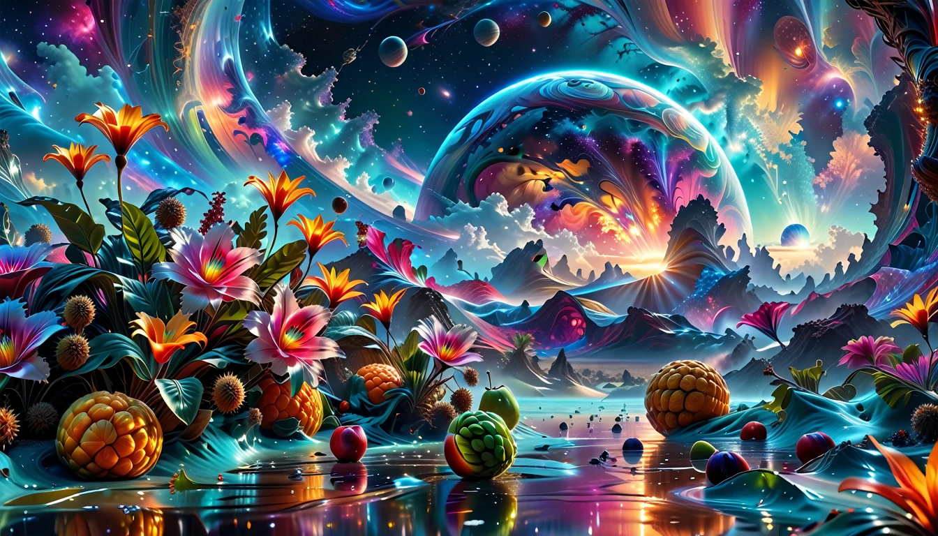 A Masterpiece In 32K Resolution, Supreme Quality, Super Detail, Official Art, Very High-Resolution 32K Wallpaper, Beautiful And Aesthetic, Ultra-Detailed Features, Awe-Inspiring Detail. A Breathtaking, Surreal Alien Landscape That Embodies The Wonders Of Interstellar Travel, With A Magnificent, Star-Filled Sky Stretching Across A Vibrant, Colorful Horizon. Strange, Exotic Alien Flowers Of All Shapes And Sizes Bloom Throughout The Scene, Surrounded By An Array Of Luscious, Otherworldly Fruits. The Image Is Rendered In Stunning 4K Or 8K Resolution, Capturing Every Intricate Detail With Perfection. The Scene Is Both Hyper-Realistic And Visually Immersive, Blending Advanced Illustration Techniques With 3D Rendering To Create A Masterpiece Of Craftsmanship. The Vivid Colors Enhance The Surreal Atmosphere, While The Meticulously Designed Lighting Captures Intricate Shifts In Light And Shadow, Adding Layers Of Depth And Richness To The Scene. Every Detail Is Presented With Unparalleled Clarity, Drawing The Viewer Into A Magical, Awe-Inspiring Realm. This Work Stirs Curiosity And Wonder, Inviting The Audience To Experience The Extraordinary Beauty Of Nature In An Entirely New Dimension.