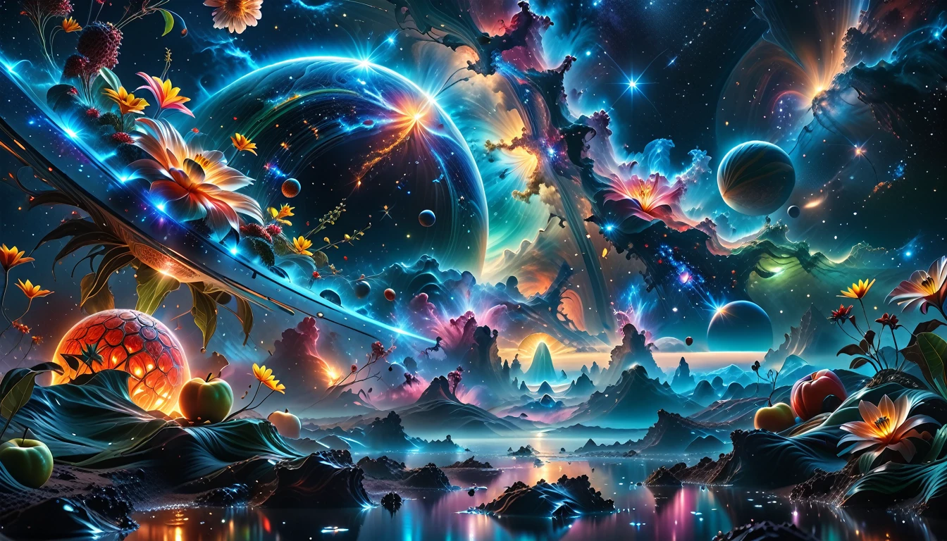 A Masterpiece In 32K Resolution, Supreme Quality, Super Detail, Official Art, Very High-Resolution 32K Wallpaper, Beautiful And Aesthetic, Ultra-Detailed Features, Awe-Inspiring Detail. A Breathtaking, Surreal Alien Landscape That Embodies The Wonders Of Interstellar Travel, With A Magnificent, Star-Filled Sky Stretching Across A Vibrant, Colorful Horizon. Strange, Exotic Alien Flowers Of All Shapes And Sizes Bloom Throughout The Scene, Surrounded By An Array Of Luscious, Otherworldly Fruits. The Image Is Rendered In Stunning 4K Or 8K Resolution, Capturing Every Intricate Detail With Perfection. The Scene Is Both Hyper-Realistic And Visually Immersive, Blending Advanced Illustration Techniques With 3D Rendering To Create A Masterpiece Of Craftsmanship. The Vivid Colors Enhance The Surreal Atmosphere, While The Meticulously Designed Lighting Captures Intricate Shifts In Light And Shadow, Adding Layers Of Depth And Richness To The Scene. Every Detail Is Presented With Unparalleled Clarity, Drawing The Viewer Into A Magical, Awe-Inspiring Realm. This Work Stirs Curiosity And Wonder, Inviting The Audience To Experience The Extraordinary Beauty Of Nature In An Entirely New Dimension.