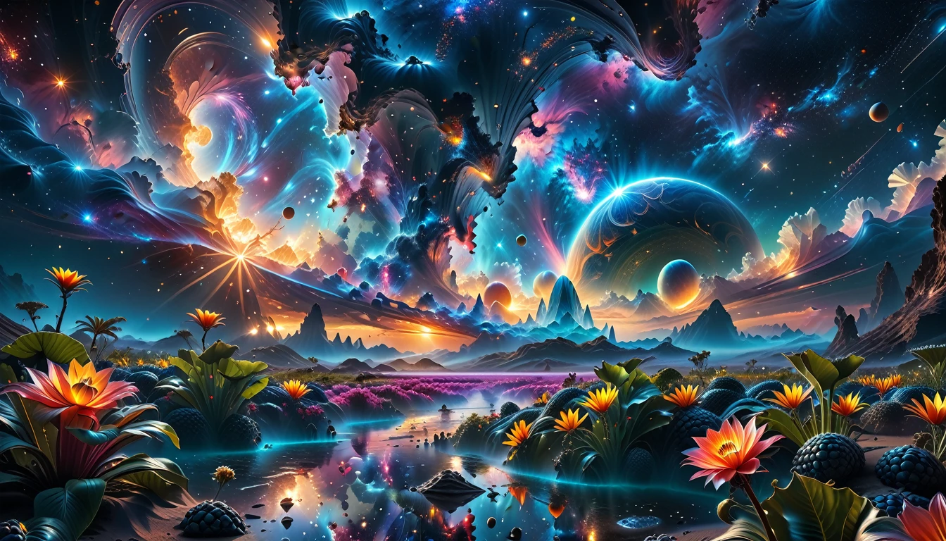 A Masterpiece In 32K Resolution, Supreme Quality, Super Detail, Official Art, Very High-Resolution 32K Wallpaper, Beautiful And Aesthetic, Ultra-Detailed Features, Awe-Inspiring Detail. A Breathtaking, Surreal Alien Landscape That Embodies The Wonders Of Interstellar Travel, With A Magnificent, Star-Filled Sky Stretching Across A Vibrant, Colorful Horizon. Strange, Exotic Alien Flowers Of All Shapes And Sizes Bloom Throughout The Scene, Surrounded By An Array Of Luscious, Otherworldly Fruits. The Image Is Rendered In Stunning 4K Or 8K Resolution, Capturing Every Intricate Detail With Perfection. The Scene Is Both Hyper-Realistic And Visually Immersive, Blending Advanced Illustration Techniques With 3D Rendering To Create A Masterpiece Of Craftsmanship. The Vivid Colors Enhance The Surreal Atmosphere, While The Meticulously Designed Lighting Captures Intricate Shifts In Light And Shadow, Adding Layers Of Depth And Richness To The Scene. Every Detail Is Presented With Unparalleled Clarity, Drawing The Viewer Into A Magical, Awe-Inspiring Realm. This Work Stirs Curiosity And Wonder, Inviting The Audience To Experience The Extraordinary Beauty Of Nature In An Entirely New Dimension.