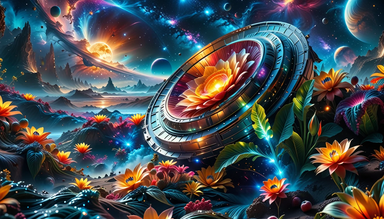 A Masterpiece In 32K Resolution, Supreme Quality, Super Detail, Official Art, Very High-Resolution 32K Wallpaper, Beautiful And Aesthetic, Ultra-Detailed Features, Awe-Inspiring Detail. A Breathtaking, Surreal Alien Landscape That Embodies The Wonders Of Interstellar Travel, With A Magnificent, Star-Filled Sky Stretching Across A Vibrant, Colorful Horizon. Strange, Exotic Alien Flowers Of All Shapes And Sizes Bloom Throughout The Scene, Surrounded By An Array Of Luscious, Otherworldly Fruits. The Image Is Rendered In Stunning 4K Or 8K Resolution, Capturing Every Intricate Detail With Perfection. The Scene Is Both Hyper-Realistic And Visually Immersive, Blending Advanced Illustration Techniques With 3D Rendering To Create A Masterpiece Of Craftsmanship. The Vivid Colors Enhance The Surreal Atmosphere, While The Meticulously Designed Lighting Captures Intricate Shifts In Light And Shadow, Adding Layers Of Depth And Richness To The Scene. Every Detail Is Presented With Unparalleled Clarity, Drawing The Viewer Into A Magical, Awe-Inspiring Realm. This Work Stirs Curiosity And Wonder, Inviting The Audience To Experience The Extraordinary Beauty Of Nature In An Entirely New Dimension.