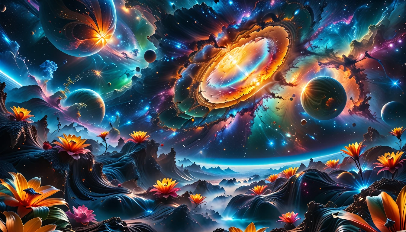 A Masterpiece In 32K Resolution, Supreme Quality, Super Detail, Official Art, Very High-Resolution 32K Wallpaper, Beautiful And Aesthetic, Ultra-Detailed Features, Awe-Inspiring Detail. A Breathtaking, Surreal Alien Landscape That Embodies The Wonders Of Interstellar Travel, With A Magnificent, Star-Filled Sky Stretching Across A Vibrant, Colorful Horizon. Strange, Exotic Alien Flowers Of All Shapes And Sizes Bloom Throughout The Scene, Surrounded By An Array Of Luscious, Otherworldly Fruits. The Image Is Rendered In Stunning 4K Or 8K Resolution, Capturing Every Intricate Detail With Perfection. The Scene Is Both Hyper-Realistic And Visually Immersive, Blending Advanced Illustration Techniques With 3D Rendering To Create A Masterpiece Of Craftsmanship. The Vivid Colors Enhance The Surreal Atmosphere, While The Meticulously Designed Lighting Captures Intricate Shifts In Light And Shadow, Adding Layers Of Depth And Richness To The Scene. Every Detail Is Presented With Unparalleled Clarity, Drawing The Viewer Into A Magical, Awe-Inspiring Realm. This Work Stirs Curiosity And Wonder, Inviting The Audience To Experience The Extraordinary Beauty Of Nature In An Entirely New Dimension.