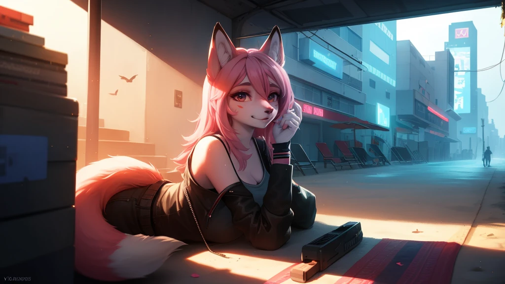 Cyberpunk fox, Beautiful light and shadow on a beautiful face with light pink hair、Ambient lighting on the beach、Ultra-fine fur、Volumetric lighting is very detailed，Furry Art of the Highest Quality, I