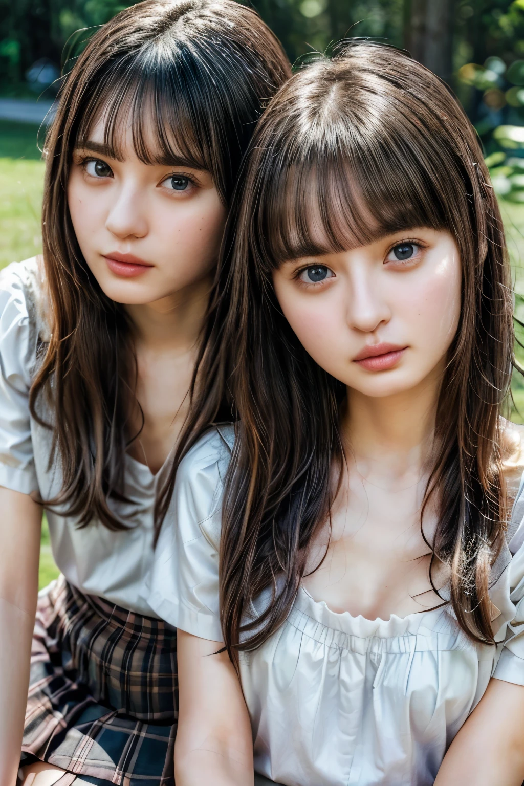 (realistic, photo-realistic:1.37), (best quality, masterpiece:1.2), RAW photo, high resolution, intricate details, extremely detailed, sharp focus, ((portrait,face focus, frontal photography)), looking at the viewer, (couple, 2girls:1.8), Japanese young women, (2girls sitting on a ground:1.2), (blouse,skirt:1.2), dark hair, (straight hair, blunt bangs:1.3), (flat chest:1.5), (detailed face, beautiful detailed eyes, beautiful dark brown pupils, sophisticated nose), pale skin, fine-textured skin,, photo background, outdoors, large park, blue sky and clouds,,