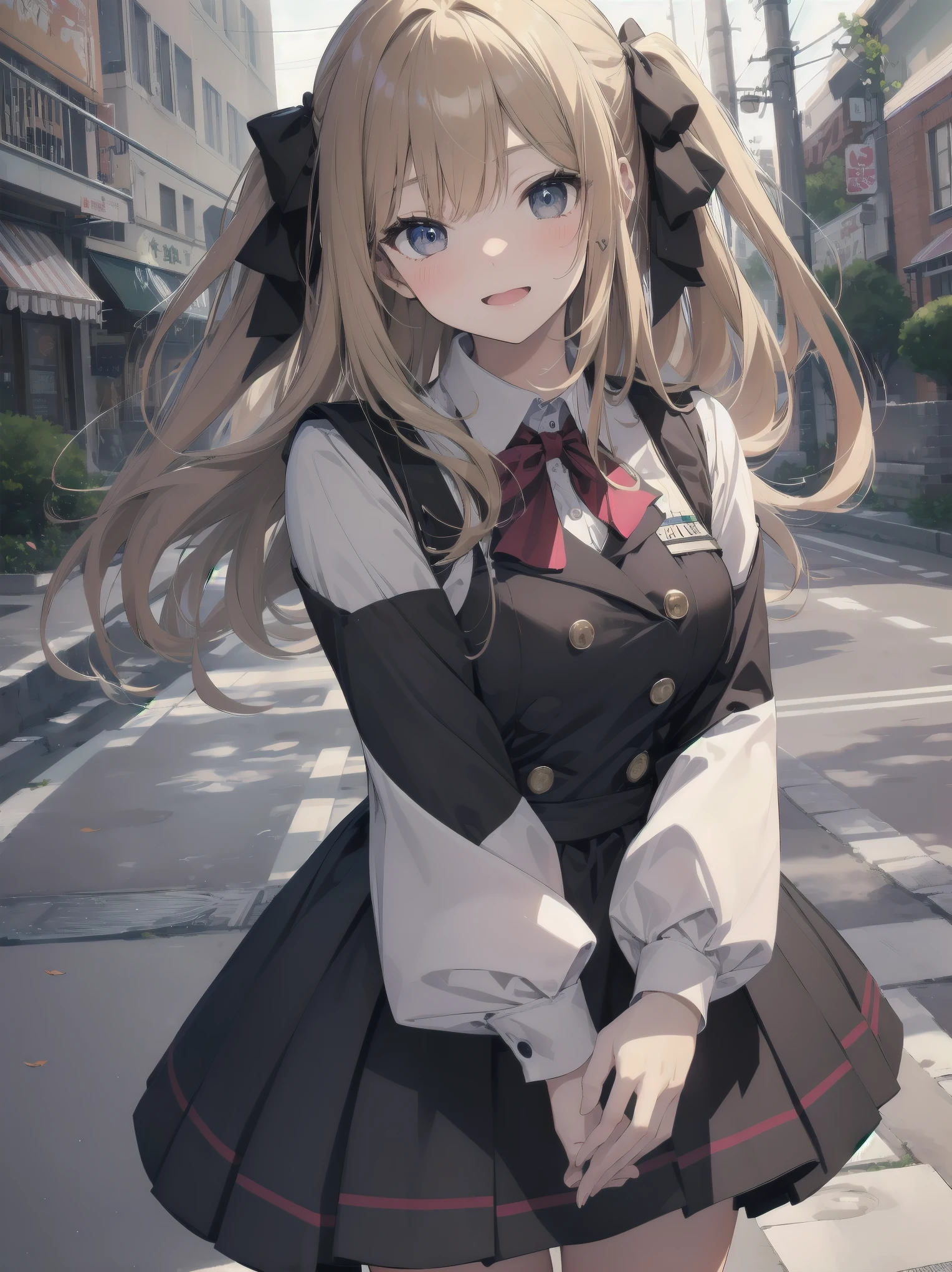 1girl in, a purple eye, red blush, length hair, Twin-tailed, solofocus, brown haired, the bow, bangss, hair between eye, blue bow, blush of the nose, bright blush, :o, tusk, Very long hair, breastsout, blonde  hair, tusk, outside of house, natta, a street, starrysky, Benches, sitting on 、hooded jacket、rcasual、a dark night、nigh sky、Arm hug、Open jacket、pleatedskirt、(((Flipping skirt、I can see the white panties)))、perfect leg、Perfect５Finger、perfect hand(Guido Daniel's Hand: 1.1),