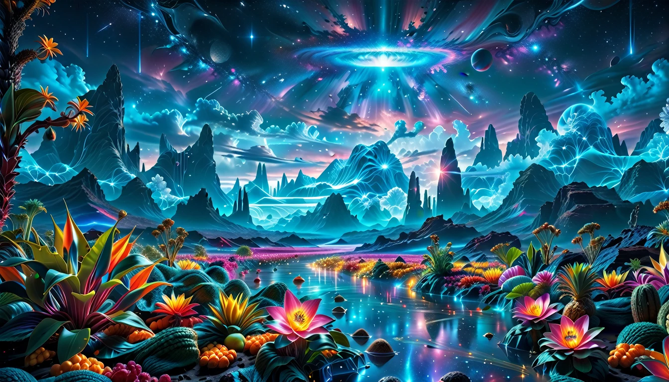 A Masterpiece In 32K Resolution, Supreme Quality, Super Detail, Official Art, Very High-Resolution 32K Wallpaper, Beautiful And Aesthetic, Ultra-Detailed Features, Awe-Inspiring Detail. A Breathtaking, Surreal Alien Landscape That Embodies The Wonders Of Interstellar Travel, With A Magnificent, Star-Filled Sky Stretching Across A Vibrant, Colorful Horizon. Strange, Exotic Alien Flowers Of All Shapes And Sizes Bloom Throughout The Scene, Surrounded By An Array Of Luscious, Otherworldly Fruits. The Image Is Rendered In Stunning 4K Or 8K Resolution, Capturing Every Intricate Detail With Perfection. The Scene Is Both Hyper-Realistic And Visually Immersive, Blending Advanced Illustration Techniques With 3D Rendering To Create A Masterpiece Of Craftsmanship. The Vivid Colors Enhance The Surreal Atmosphere, While The Meticulously Designed Lighting Captures Intricate Shifts In Light And Shadow, Adding Layers Of Depth And Richness To The Scene. Every Detail Is Presented With Unparalleled Clarity, Drawing The Viewer Into A Magical, Awe-Inspiring Realm. This Work Stirs Curiosity And Wonder, Inviting The Audience To Experience The Extraordinary Beauty Of Nature In An Entirely New Dimension.