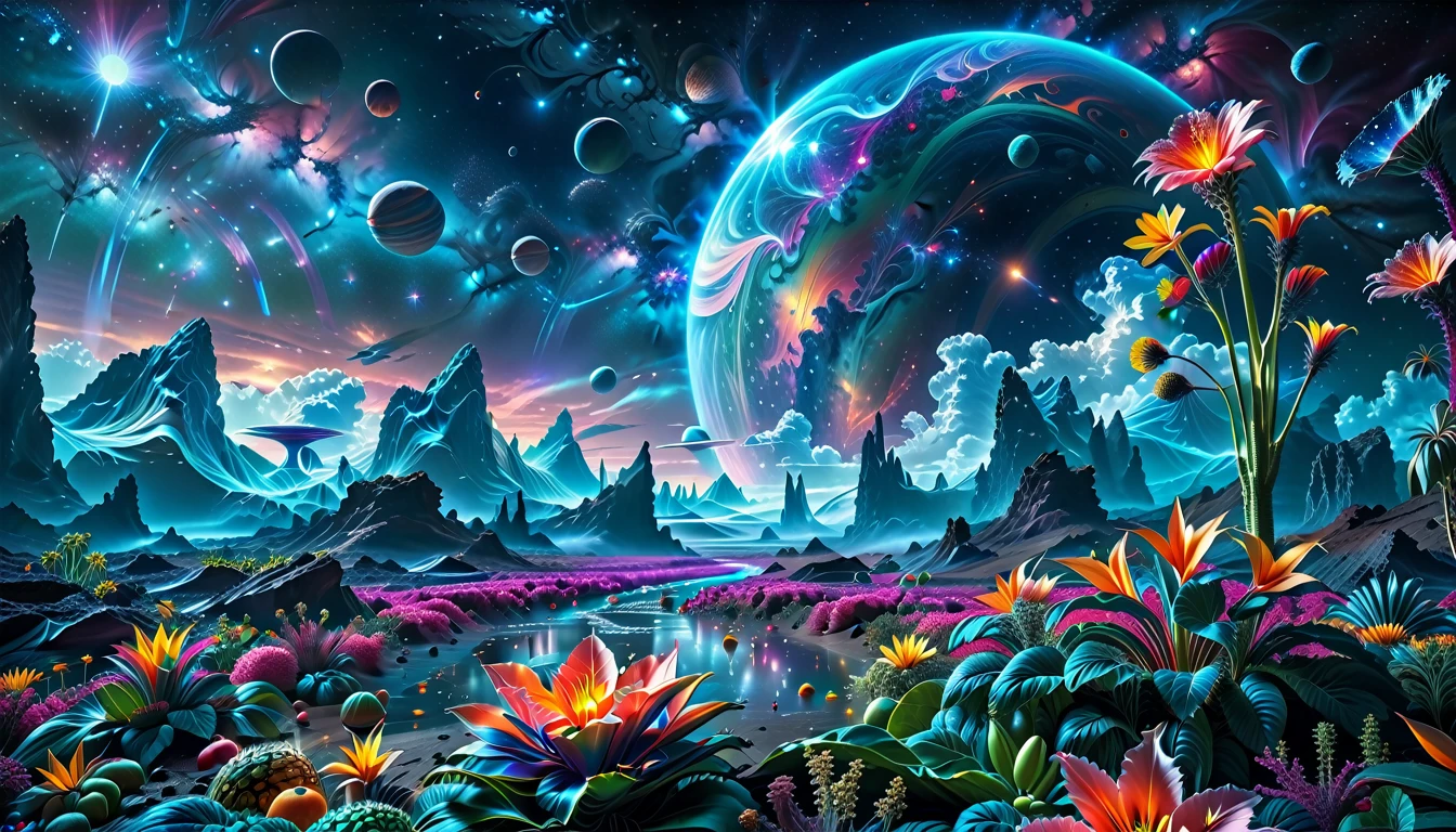 A Masterpiece In 32K Resolution, Supreme Quality, Super Detail, Official Art, Very High-Resolution 32K Wallpaper, Beautiful And Aesthetic, Ultra-Detailed Features, Awe-Inspiring Detail. A Breathtaking, Surreal Alien Landscape That Embodies The Wonders Of Interstellar Travel, With A Magnificent, Star-Filled Sky Stretching Across A Vibrant, Colorful Horizon. Strange, Exotic Alien Flowers Of All Shapes And Sizes Bloom Throughout The Scene, Surrounded By An Array Of Luscious, Otherworldly Fruits. The Image Is Rendered In Stunning 4K Or 8K Resolution, Capturing Every Intricate Detail With Perfection. The Scene Is Both Hyper-Realistic And Visually Immersive, Blending Advanced Illustration Techniques With 3D Rendering To Create A Masterpiece Of Craftsmanship. The Vivid Colors Enhance The Surreal Atmosphere, While The Meticulously Designed Lighting Captures Intricate Shifts In Light And Shadow, Adding Layers Of Depth And Richness To The Scene. Every Detail Is Presented With Unparalleled Clarity, Drawing The Viewer Into A Magical, Awe-Inspiring Realm. This Work Stirs Curiosity And Wonder, Inviting The Audience To Experience The Extraordinary Beauty Of Nature In An Entirely New Dimension.