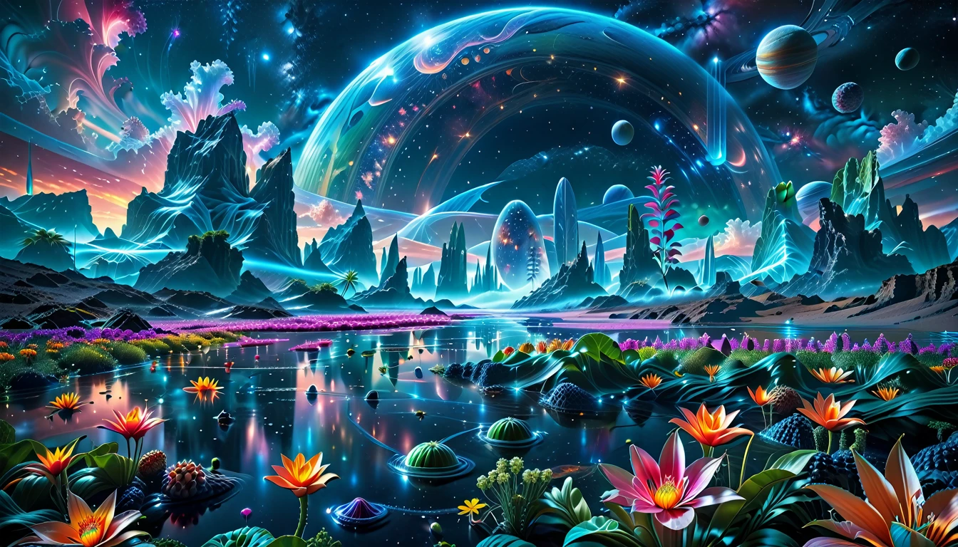 A Masterpiece In 32K Resolution, Supreme Quality, Super Detail, Official Art, Very High-Resolution 32K Wallpaper, Beautiful And Aesthetic, Ultra-Detailed Features, Awe-Inspiring Detail. A Breathtaking, Surreal Alien Landscape That Embodies The Wonders Of Interstellar Travel, With A Magnificent, Star-Filled Sky Stretching Across A Vibrant, Colorful Horizon. Strange, Exotic Alien Flowers Of All Shapes And Sizes Bloom Throughout The Scene, Surrounded By An Array Of Luscious, Otherworldly Fruits. The Image Is Rendered In Stunning 4K Or 8K Resolution, Capturing Every Intricate Detail With Perfection. The Scene Is Both Hyper-Realistic And Visually Immersive, Blending Advanced Illustration Techniques With 3D Rendering To Create A Masterpiece Of Craftsmanship. The Vivid Colors Enhance The Surreal Atmosphere, While The Meticulously Designed Lighting Captures Intricate Shifts In Light And Shadow, Adding Layers Of Depth And Richness To The Scene. Every Detail Is Presented With Unparalleled Clarity, Drawing The Viewer Into A Magical, Awe-Inspiring Realm. This Work Stirs Curiosity And Wonder, Inviting The Audience To Experience The Extraordinary Beauty Of Nature In An Entirely New Dimension.