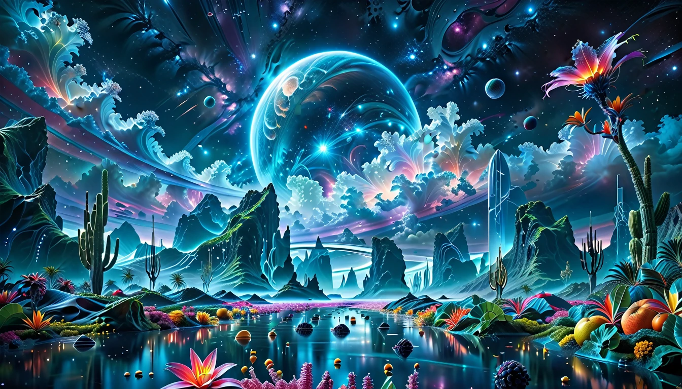 A Masterpiece In 32K Resolution, Supreme Quality, Super Detail, Official Art, Very High-Resolution 32K Wallpaper, Beautiful And Aesthetic, Ultra-Detailed Features, Awe-Inspiring Detail. A Breathtaking, Surreal Alien Landscape That Embodies The Wonders Of Interstellar Travel, With A Magnificent, Star-Filled Sky Stretching Across A Vibrant, Colorful Horizon. Strange, Exotic Alien Flowers Of All Shapes And Sizes Bloom Throughout The Scene, Surrounded By An Array Of Luscious, Otherworldly Fruits. The Image Is Rendered In Stunning 4K Or 8K Resolution, Capturing Every Intricate Detail With Perfection. The Scene Is Both Hyper-Realistic And Visually Immersive, Blending Advanced Illustration Techniques With 3D Rendering To Create A Masterpiece Of Craftsmanship. The Vivid Colors Enhance The Surreal Atmosphere, While The Meticulously Designed Lighting Captures Intricate Shifts In Light And Shadow, Adding Layers Of Depth And Richness To The Scene. Every Detail Is Presented With Unparalleled Clarity, Drawing The Viewer Into A Magical, Awe-Inspiring Realm. This Work Stirs Curiosity And Wonder, Inviting The Audience To Experience The Extraordinary Beauty Of Nature In An Entirely New Dimension.