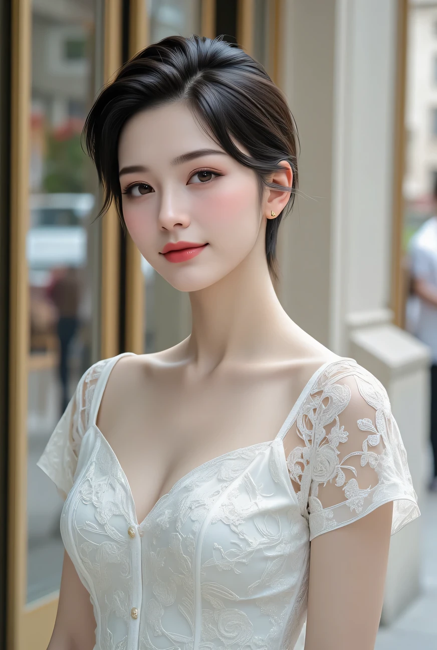 (masterpiece), best quality, perfect woman, midi dress, face detai, red lips, form-fitting, lightweight fabric, lace details, sheer panels, high heels, pointed toe, clutch, subtle accessories, seductive makeup, elegant hairstyle, close-up, cinematic lighting, bokeh, city ligths, river, sexy posture, desire