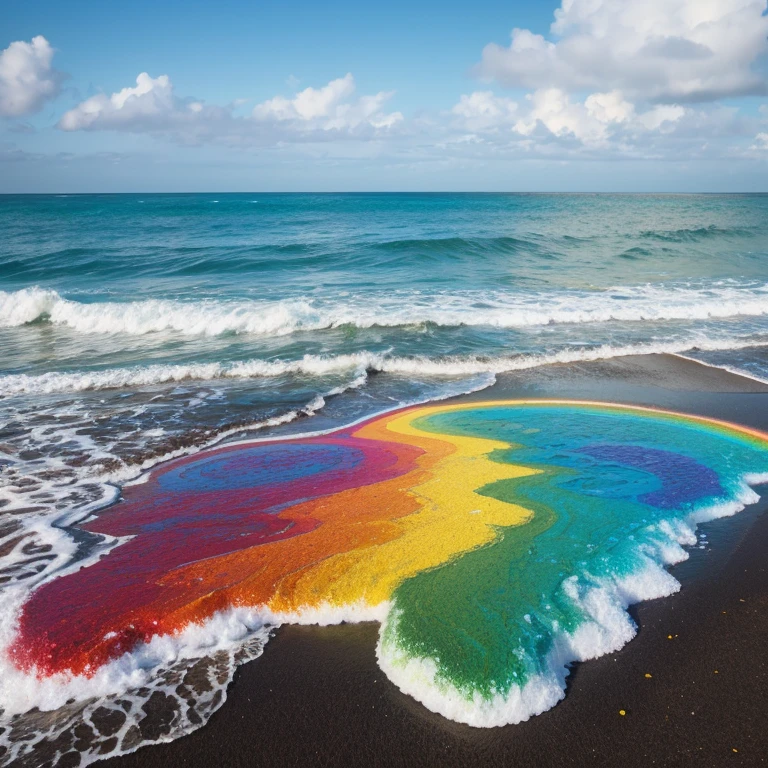 rainbow Foam, multicolor, realistic, masterpiece, text written with foam "FOAM", on the bank of sea, island covered with foam,