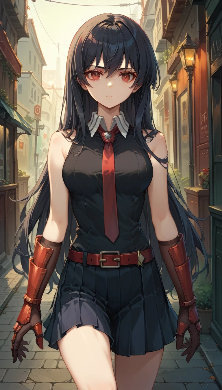 Master piece, best quality,1girl,solo, red eyes, long hair, black hair, black dress, sleeveless, pleated skirt, black shirt, necktie, gauntlets, red belt,looking at me, background streets night time