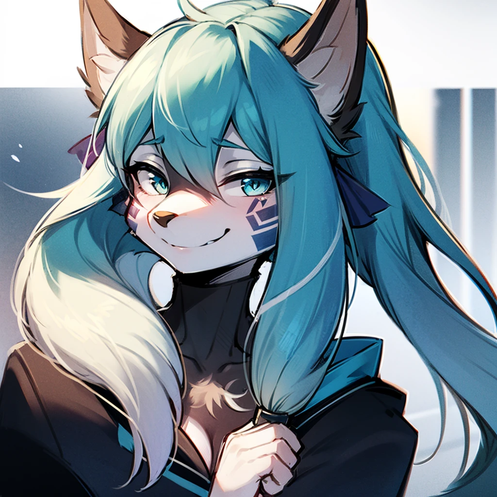 1 girl, Miku Hatsune, anthropo furry:1.3, snout:1.2, anthropo:1.3, furry:1.2, close up:1.2, lonely woman:1.2, squinting eyes, Satisfied smile), add high definition_Detail:1, blue fur,kitsune ears, tribal tattoo add_Detail:1, closeup only face, blue pupil, Shining eyes.