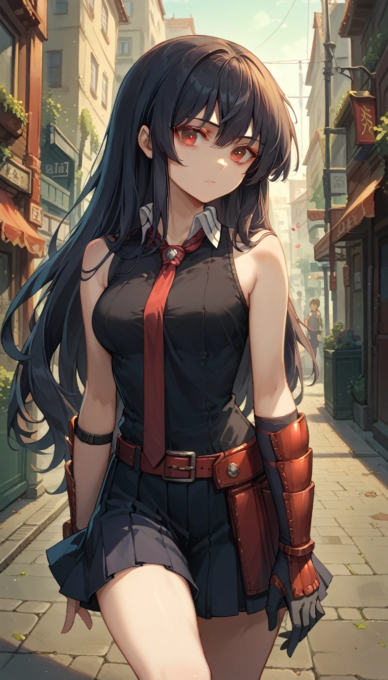 Master piece, best quality,1girl,solo, red eyes, long hair, black hair, black dress, sleeveless, pleated skirt, black shirt, necktie, gauntlets, red belt,looking at me, background streets night time