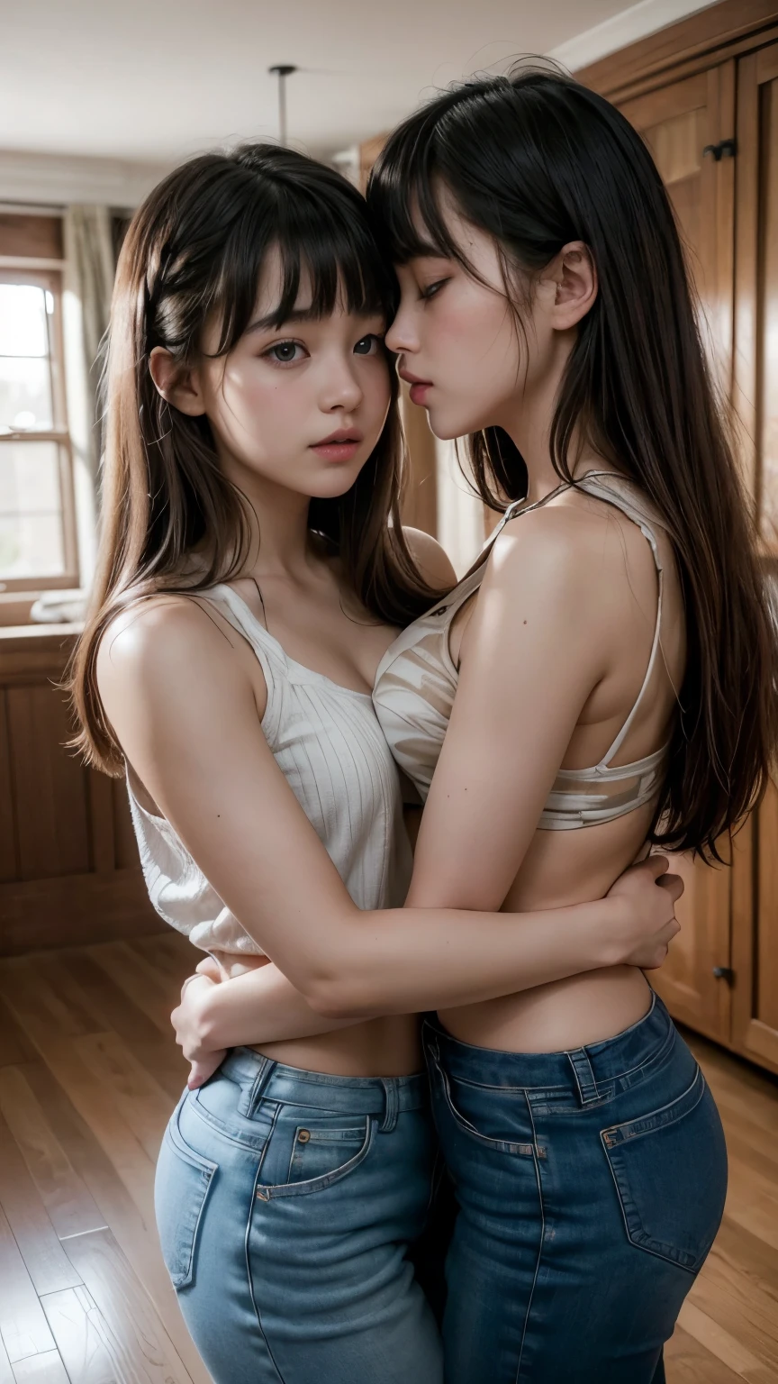 👭, 👩‍❤️‍💋‍👩, 2 chinese girl, pale_skin, random color hair, black cosmetics, oversized orange shirt, (bottomless), kissing together, lips touching, hand on breast, hand on vaginal, random basic pose, against random epic background