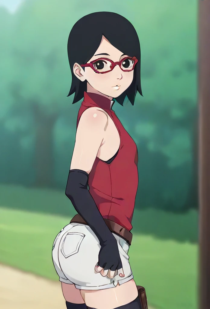 score_9_up, score_8_up, score_7_up, score_6_up, score_5_up, score_4_up, ,zPDXL2, solo, rating_safe, perfect face, perfect eyes, BBC_Chan Style, Sarada Uchiha, solo, 1girl, black hair, short hair, red-framed eyewear, glasses, black eyes,red dress, sleeveless, elbow gloves, black gloves, fingerless gloves, white shorts, black thighhighs, thigh holster, side view, large round butt, bubble butt ,konohagakure village pathway, flat chest,full lips