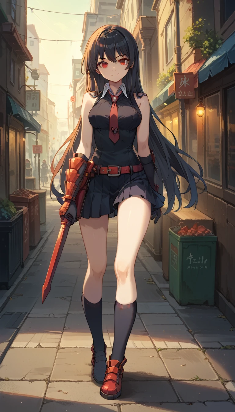 Master piece, best quality,1girl,solo, red eyes, long hair, black hair, black dress, sleeveless, pleated skirt, black shirt, necktie, gauntlets, red belt,looking at me, smile face ,full body, background streets ,night time