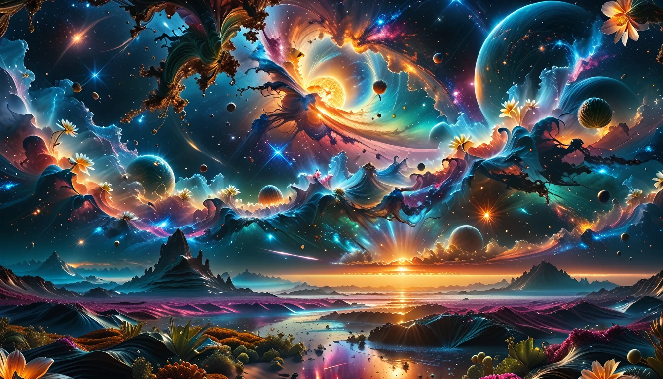 A Masterpiece In 32K Resolution, Supreme Quality, Super Detail, Official Art, Very High-Resolution 32K Wallpaper, Beautiful And Aesthetic, Ultra-Detailed Features, Awe-Inspiring Detail. A Breathtaking, Surreal Alien Landscape That Embodies The Wonders Of Interstellar Travel, With A Magnificent, Star-Filled Sky Stretching Across A Vibrant, Colorful Horizon. Strange, Exotic Alien Flowers Of All Shapes And Sizes Bloom Throughout The Scene, Surrounded By An Array Of Luscious, Otherworldly Fruits. The Image Is Rendered In Stunning 4K Or 8K Resolution, Capturing Every Intricate Detail With Perfection. The Scene Is Both Hyper-Realistic And Visually Immersive, Blending Advanced Illustration Techniques With 3D Rendering To Create A Masterpiece Of Craftsmanship. The Vivid Colors Enhance The Surreal Atmosphere, While The Meticulously Designed Lighting Captures Intricate Shifts In Light And Shadow, Adding Layers Of Depth And Richness To The Scene. Every Detail Is Presented With Unparalleled Clarity, Drawing The Viewer Into A Magical, Awe-Inspiring Realm. This Work Stirs Curiosity And Wonder, Inviting The Audience To Experience The Extraordinary Beauty Of Nature In An Entirely New Dimension.