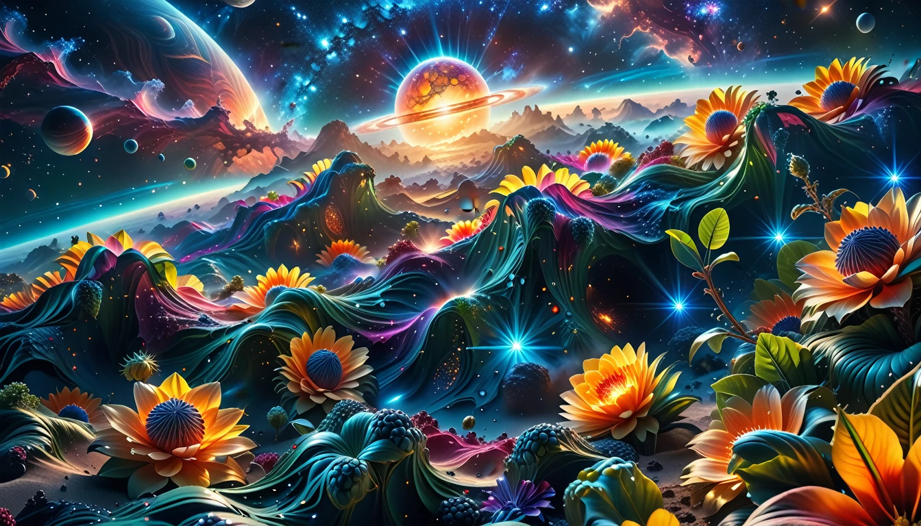 A Masterpiece In 32K Resolution, Supreme Quality, Super Detail, Official Art, Very High-Resolution 32K Wallpaper, Beautiful And Aesthetic, Ultra-Detailed Features, Awe-Inspiring Detail. A Breathtaking, Surreal Alien Landscape That Embodies The Wonders Of Interstellar Travel, With A Magnificent, Star-Filled Sky Stretching Across A Vibrant, Colorful Horizon. Strange, Exotic Alien Flowers Of All Shapes And Sizes Bloom Throughout The Scene, Surrounded By An Array Of Luscious, Otherworldly Fruits. The Image Is Rendered In Stunning 4K Or 8K Resolution, Capturing Every Intricate Detail With Perfection. The Scene Is Both Hyper-Realistic And Visually Immersive, Blending Advanced Illustration Techniques With 3D Rendering To Create A Masterpiece Of Craftsmanship. The Vivid Colors Enhance The Surreal Atmosphere, While The Meticulously Designed Lighting Captures Intricate Shifts In Light And Shadow, Adding Layers Of Depth And Richness To The Scene. Every Detail Is Presented With Unparalleled Clarity, Drawing The Viewer Into A Magical, Awe-Inspiring Realm. This Work Stirs Curiosity And Wonder, Inviting The Audience To Experience The Extraordinary Beauty Of Nature In An Entirely New Dimension.