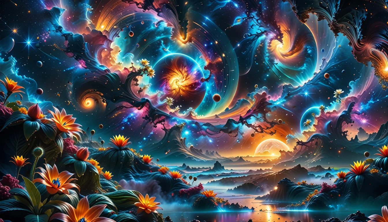 A Masterpiece In 32K Resolution, Supreme Quality, Super Detail, Official Art, Very High-Resolution 32K Wallpaper, Beautiful And Aesthetic, Ultra-Detailed Features, Awe-Inspiring Detail. A Breathtaking, Surreal Alien Landscape That Embodies The Wonders Of Interstellar Travel, With A Magnificent, Star-Filled Sky Stretching Across A Vibrant, Colorful Horizon. Strange, Exotic Alien Flowers Of All Shapes And Sizes Bloom Throughout The Scene, Surrounded By An Array Of Luscious, Otherworldly Fruits. The Image Is Rendered In Stunning 4K Or 8K Resolution, Capturing Every Intricate Detail With Perfection. The Scene Is Both Hyper-Realistic And Visually Immersive, Blending Advanced Illustration Techniques With 3D Rendering To Create A Masterpiece Of Craftsmanship. The Vivid Colors Enhance The Surreal Atmosphere, While The Meticulously Designed Lighting Captures Intricate Shifts In Light And Shadow, Adding Layers Of Depth And Richness To The Scene. Every Detail Is Presented With Unparalleled Clarity, Drawing The Viewer Into A Magical, Awe-Inspiring Realm. This Work Stirs Curiosity And Wonder, Inviting The Audience To Experience The Extraordinary Beauty Of Nature In An Entirely New Dimension.