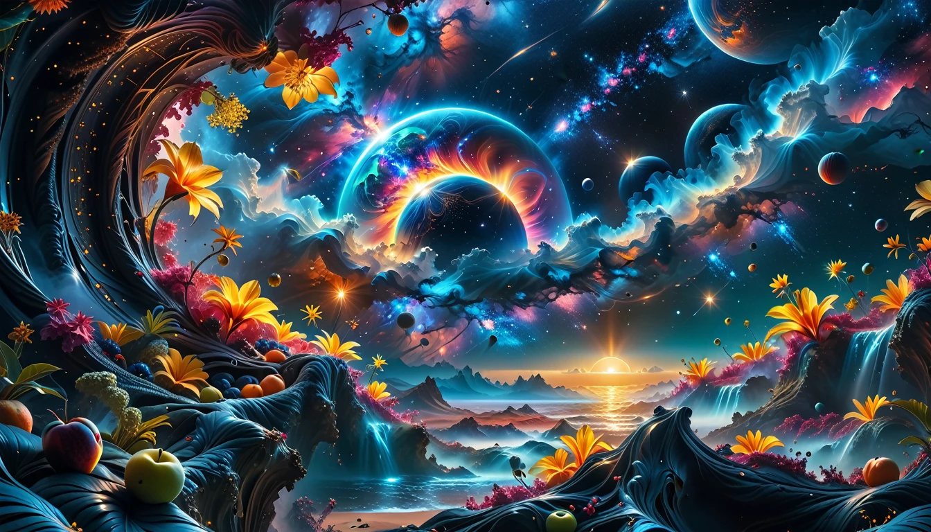 A Masterpiece In 32K Resolution, Supreme Quality, Super Detail, Official Art, Very High-Resolution 32K Wallpaper, Beautiful And Aesthetic, Ultra-Detailed Features, Awe-Inspiring Detail. A Breathtaking, Surreal Alien Landscape That Embodies The Wonders Of Interstellar Travel, With A Magnificent, Star-Filled Sky Stretching Across A Vibrant, Colorful Horizon. Strange, Exotic Alien Flowers Of All Shapes And Sizes Bloom Throughout The Scene, Surrounded By An Array Of Luscious, Otherworldly Fruits. The Image Is Rendered In Stunning 4K Or 8K Resolution, Capturing Every Intricate Detail With Perfection. The Scene Is Both Hyper-Realistic And Visually Immersive, Blending Advanced Illustration Techniques With 3D Rendering To Create A Masterpiece Of Craftsmanship. The Vivid Colors Enhance The Surreal Atmosphere, While The Meticulously Designed Lighting Captures Intricate Shifts In Light And Shadow, Adding Layers Of Depth And Richness To The Scene. Every Detail Is Presented With Unparalleled Clarity, Drawing The Viewer Into A Magical, Awe-Inspiring Realm. This Work Stirs Curiosity And Wonder, Inviting The Audience To Experience The Extraordinary Beauty Of Nature In An Entirely New Dimension.