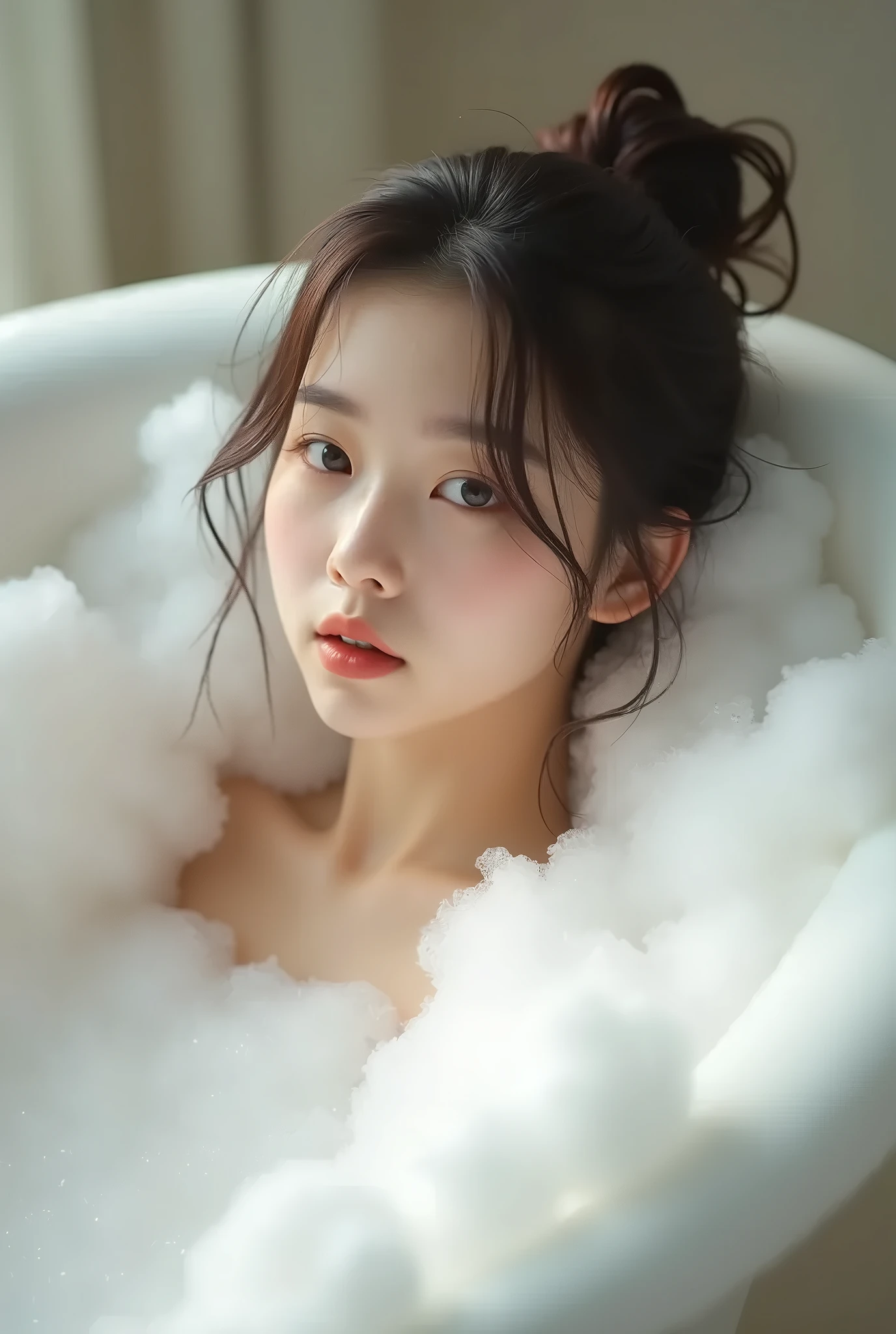 There is a woman in a bathtub with foam on her head - SeaArt AI