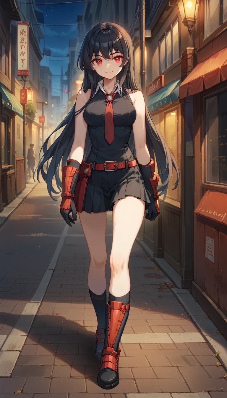 Master piece, best quality,1girl,solo, red eyes, long hair, black hair, black dress, sleeveless, pleated skirt, black shirt, necktie, gauntlets, red belt,looking at me, smile face ,full body, background streets ,night time