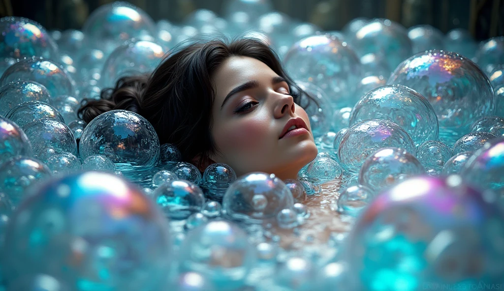 fantasy art, a woman sitting in a bubble bath the bubbles are rainbow colored, the bubbles cover her entire body, only the head is visible