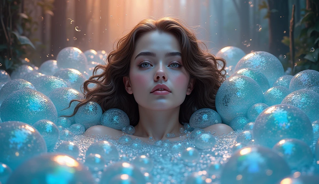 fantasy art, a woman sitting in a bubble bath the bubbles are rainbow colored, the bubbles cover her entire body, only the head is visible