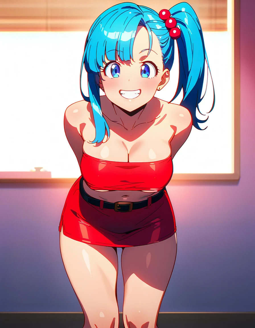 score_9, score_8_up, score_7_up, BREAK back view, leaning forward,straight-on,,1girl,bulma, blue eyes, blue hair,bare shoulders, belt, cleavage, hair bobbles, hair ornament, hair over shoulder,medium breast,midriff, navel, one side up, red tube top, mini skirt ,ass, side ponytail, (strapless, tube top,under_boob:1),ass,,looking at viewer,facial expression,smile,masterpiece, best quality,  detailed body, highly detailed, anime coloring.anime,[anime_screencap:0.8] , highly detailed, pezones marcados,(levanta la falda el viento), escote, dynamic, ultra high definition, 32k, (perfect anatomy:1.5), piernas perfectas, brazos perfectos, sin ropa interior, sin calzon, upskirt, se ve un poco de su vagina, blonde pubic hair, La falda revolotea en el viento、sin bragas、Falda elevadora de viento