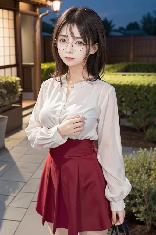 Full body image, A 50-year-old man and a young Japanese crossdresser, Mii-chan, The man is naked, The woman is wearing a white blouse and a red velvet flared skirt and glasses., The woman has medium straight black hair., The woman has small breasts, She has a beautiful face, She has beautiful eyes, The man is hugging the woman from behind and groping her right breast., The woman is expressionless, ((night)), garden,