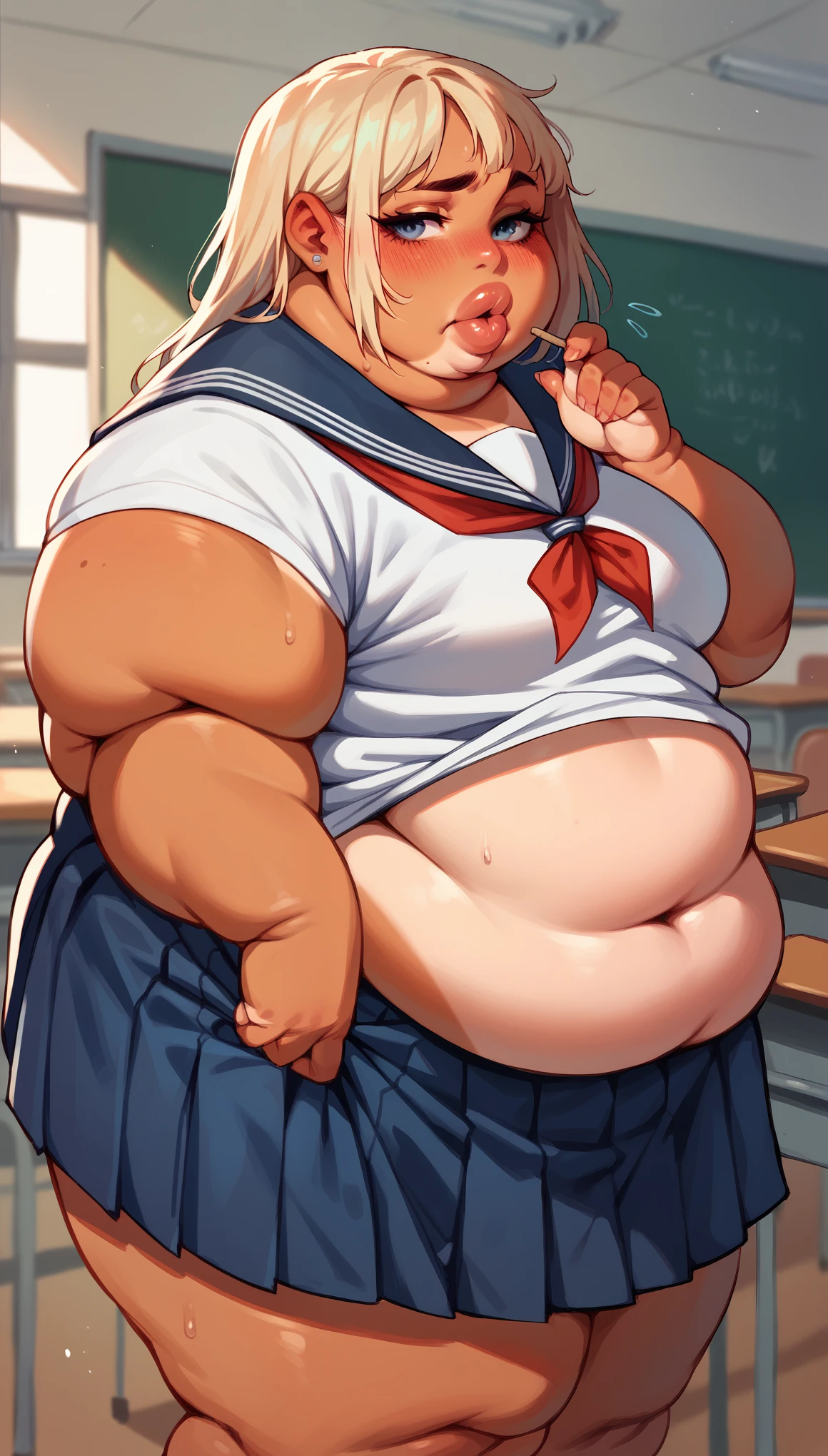 Chubby, fat, obese, woman, School Girl Uniform, blush, school classroom, tan lines, big lips 