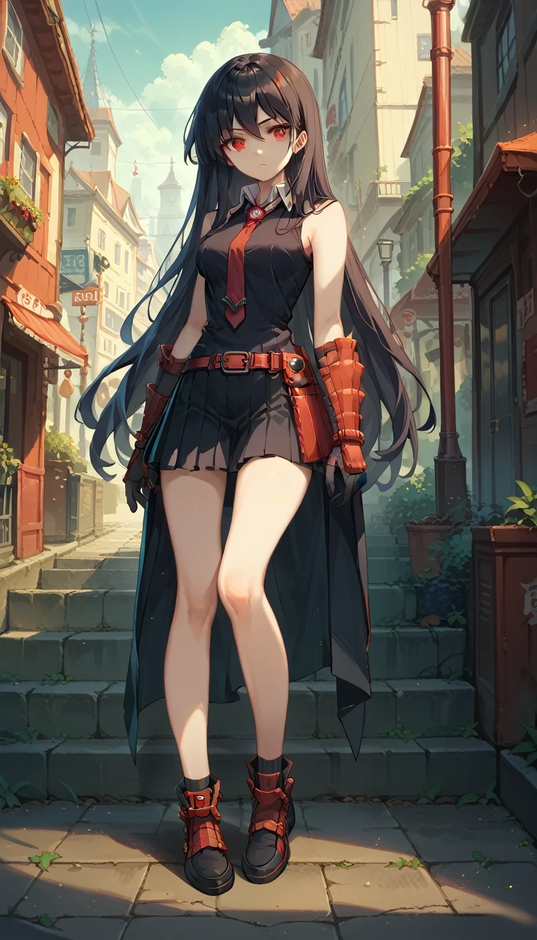 1girl,solo,full body Master piece, best quality,red eyes, long hair, black hair, black dress, sleeveless, pleated skirt, black shirt, necktie, gauntlets, red belt,looking at me, background streets night time