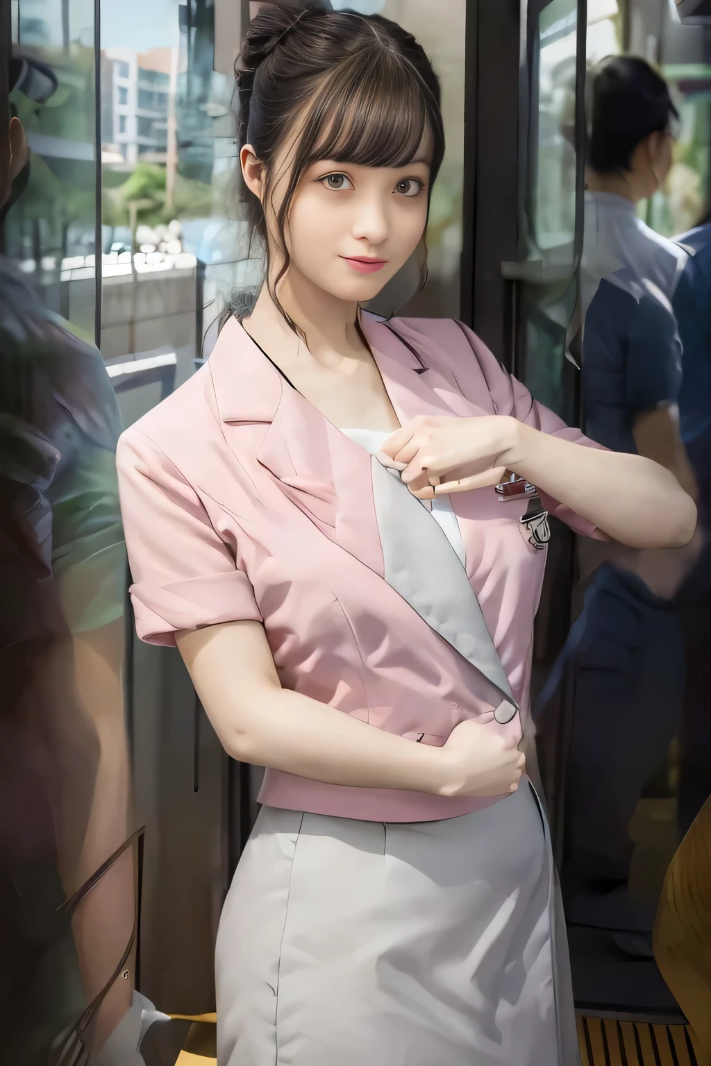 (masterpiece:1.2, Best Quality:1.2), 32kHDR, High resolution, (Alone、1 girl)、（Rooftop of a building during the day、Professional Lighting）、Building rooftop background、（Nankai train crew uniform pinkを着たリアルスタイル）、（Nankai Electric Railway crew uniform, pink, Short sleeve, Collarless, pink jacket、Nankai Electric Railway crew uniform pink no-collar short-sleeve blouse、Nankai Electric Railway crew uniform pink grey knee-length culottes）、（（The bottom of the pink short-sleeved jacket cannot be tucked into the clay-colored culottes..））、Dark Brown Hair、（Hair tied up、Hair Bun、Hair Bun）、Dark Brown Hair、Long Hit、Big Breasts、Thin legs、（（Great hands：2.0）），（（Harmonious body proportions：1.5）），（（Normal limbs：2.0）），（（Normal finger：2.0）），（（Delicate eyes：2.0）），（（Normal eyes：2.0））)、smile、（Nankai Electric Railway crew uniform pink grey knee-length culottesを見せた美しい立ち姿） 、Hands clasped underneath