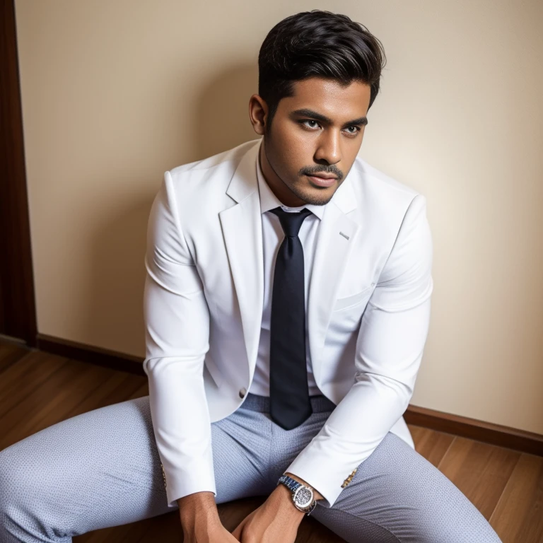 Indian men wearing floral shirt white and brown coloured sitting on a majestic couch wearing fashion jeans and shoes posing solo portrait realistic