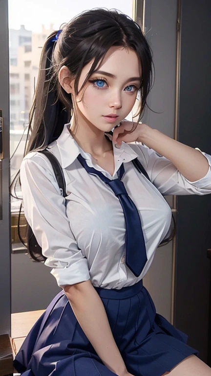 (full figure:1.1), (1 girl as yukino yukinoshita:1.5), highres, solo, big breasts, waist long black hair, (twintails:0.5), (pleated miniskirt:1.2), (black thighhigh socks:1.2), loose red ribbon, (flipping skirt:1.2), (unbuttoned white shirt:1.4), (ahegao:1.5), green eyes, (rolling eyes:1.5), (torn clothes:1.5), naked breastss, spread legs, no panties