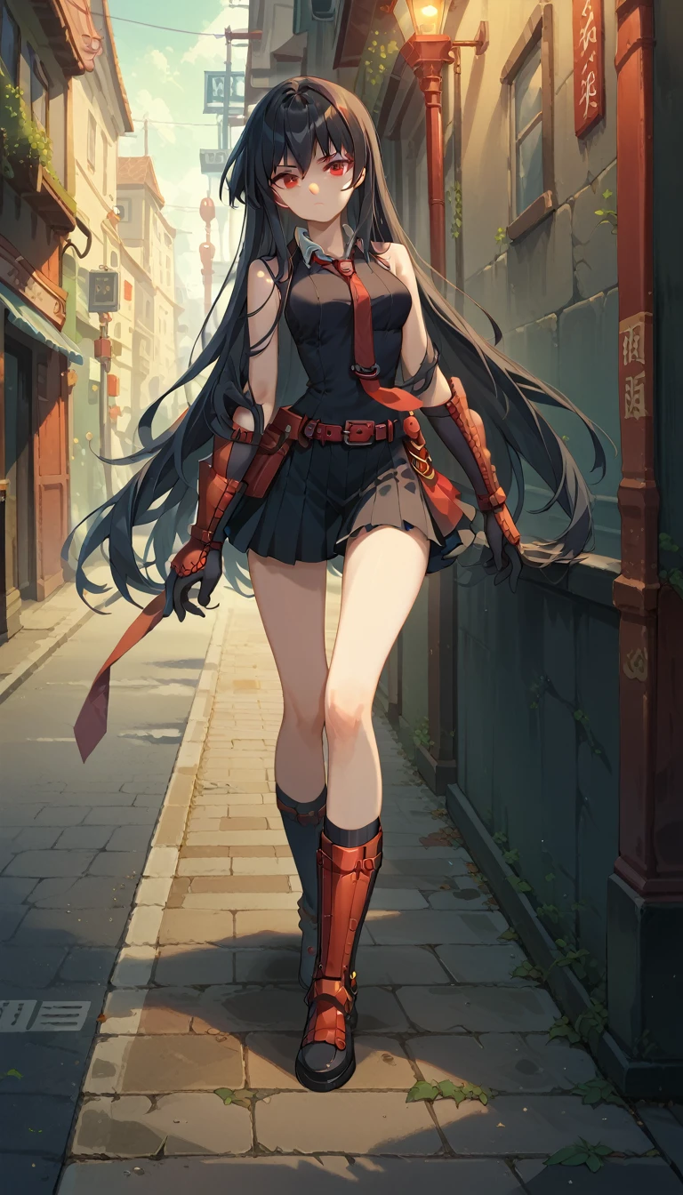 1girl,solo,full body Master piece, best quality,red eyes, long hair, black hair, black dress, sleeveless, pleated skirt, black shirt, necktie, gauntlets, red belt,looking at me, background streets night time