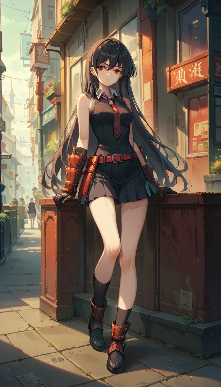 1girl,solo,full body Master piece, best quality,red eyes, long hair, black hair, black dress, sleeveless, pleated skirt, black shirt, necktie, gauntlets, red belt,looking at me, background streets night time