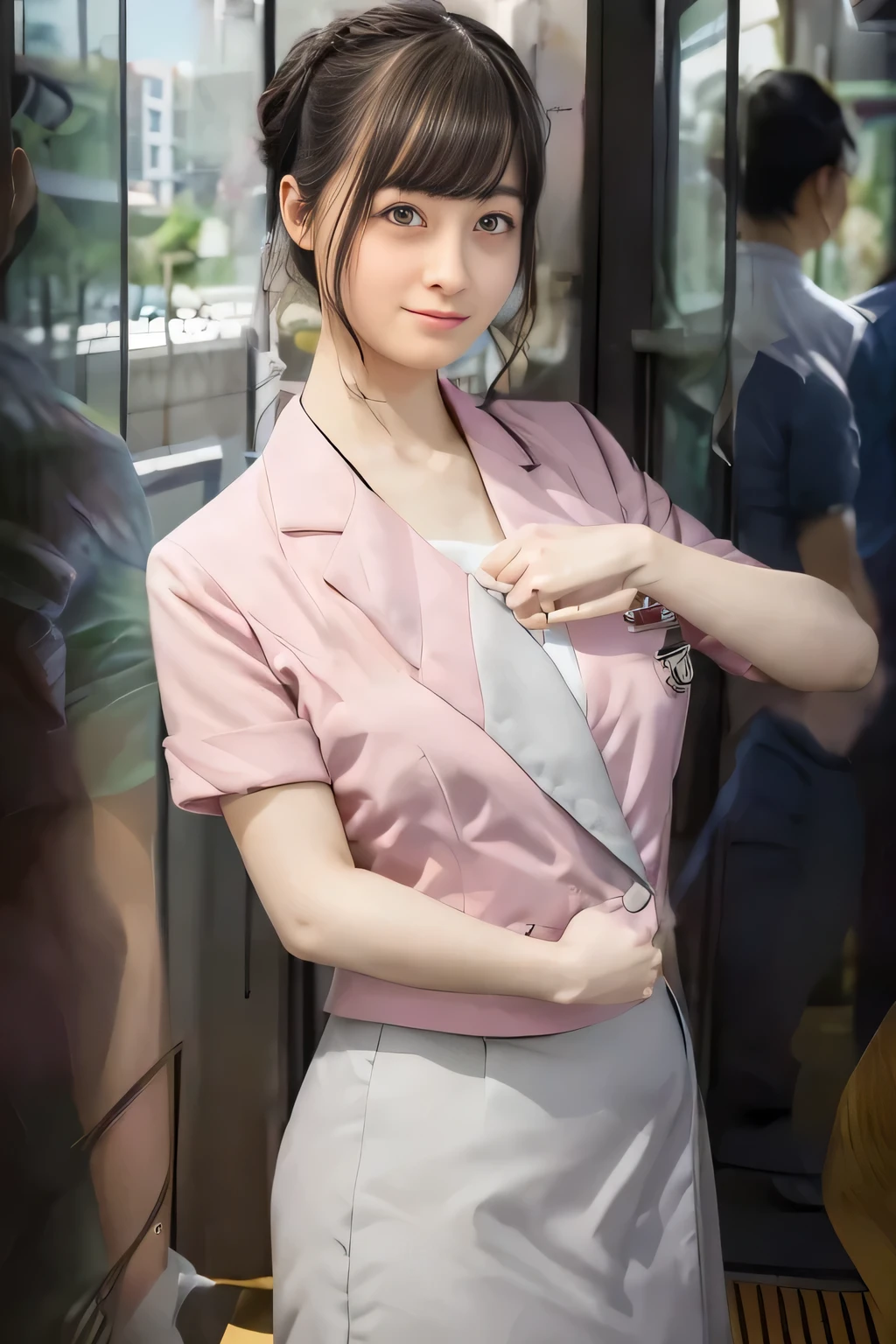 (masterpiece:1.2, Best Quality:1.2), 32kHDR, High resolution, (Alone、1 girl)、（Rooftop of a building during the day、Professional Lighting）、Building rooftop background、（Nankai train crew uniform pinkを着たリアルスタイル）、（Nankai Electric Railway crew uniform, pink, Short sleeve, Collarless, pink jacket、Nankai Electric Railway crew uniform pink no-collar short-sleeve blouse、Nankai Electric Railway crew uniform pink grey knee-length culottes）、（（The bottom of the pink short-sleeved jacket cannot be tucked into the clay-colored culottes..））、Dark Brown Hair、（Hair tied up、Hair Bun、Hair Bun）、Dark Brown Hair、Long Hit、Big Breasts、Thin legs、（（Great hands：2.0）），（（Harmonious body proportions：1.5）），（（Normal limbs：2.0）），（（Normal finger：2.0）），（（Delicate eyes：2.0）），（（Normal eyes：2.0））)、smile、（Nankai Electric Railway crew uniform pink grey knee-length culottesを見せた美しい立ち姿） 、Hands clasped underneath