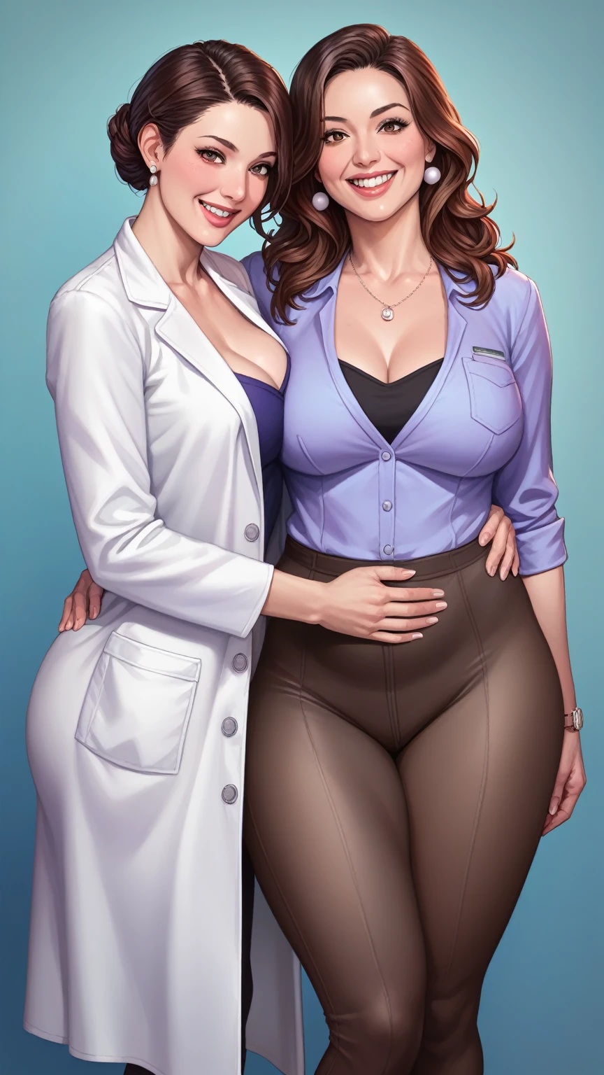 ((multiple thick body mature women age 40 American milf super model))wearing topless and thong panties, outdoor kitchen patio, smiling greeting viewer, ((wearing topless nipples ornament sfw)), viewer on the floor, lab coat, necklace, earrings, hair in big bun